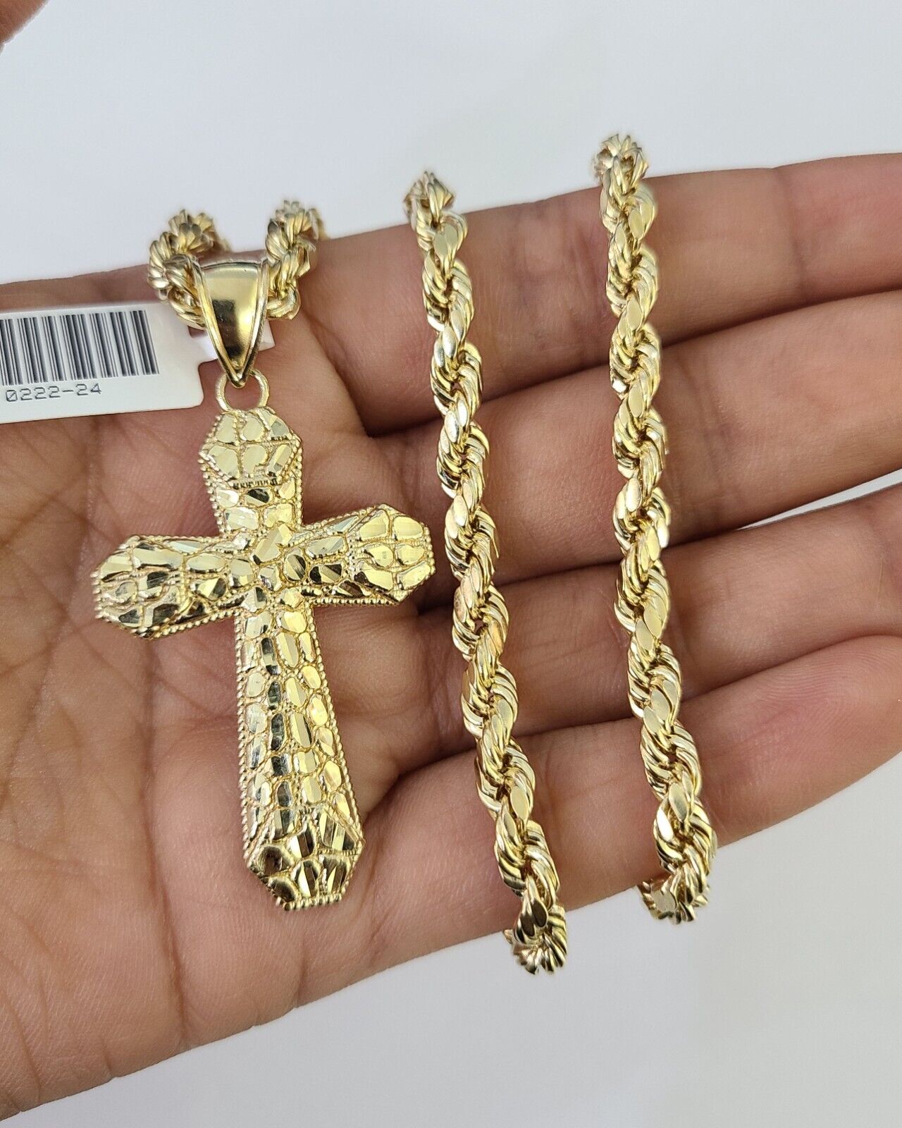 Real 10k Rope Chain Jesus Cross Charm Necklace Pendant Set 5mm 20" - 30" Inch Gold - GoldenlinQ