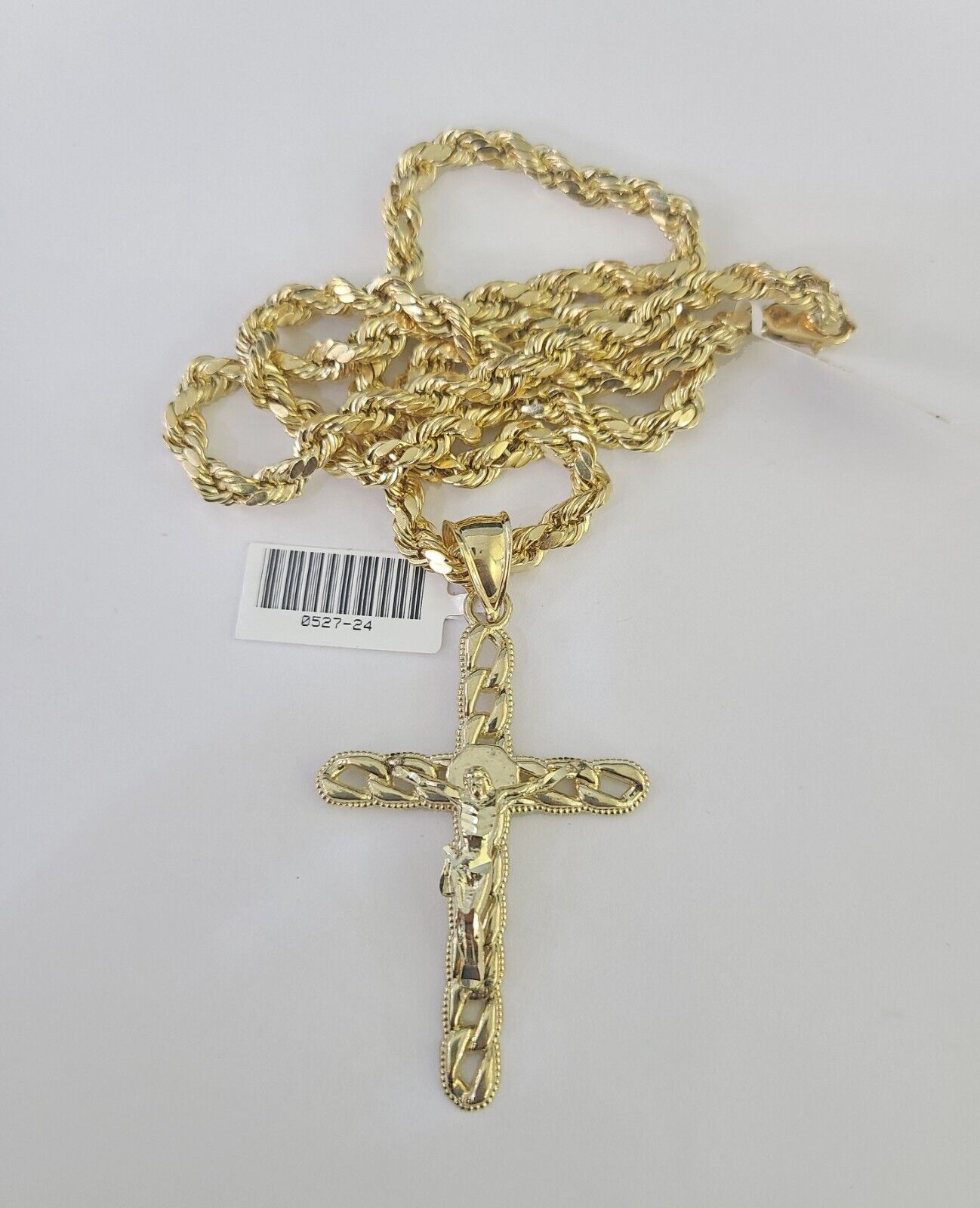 Real 10k Rope Chain Jesus Cross Charm Necklace Pendant Set 5mm 20" - 30" Inch Gold - GoldenlinQ