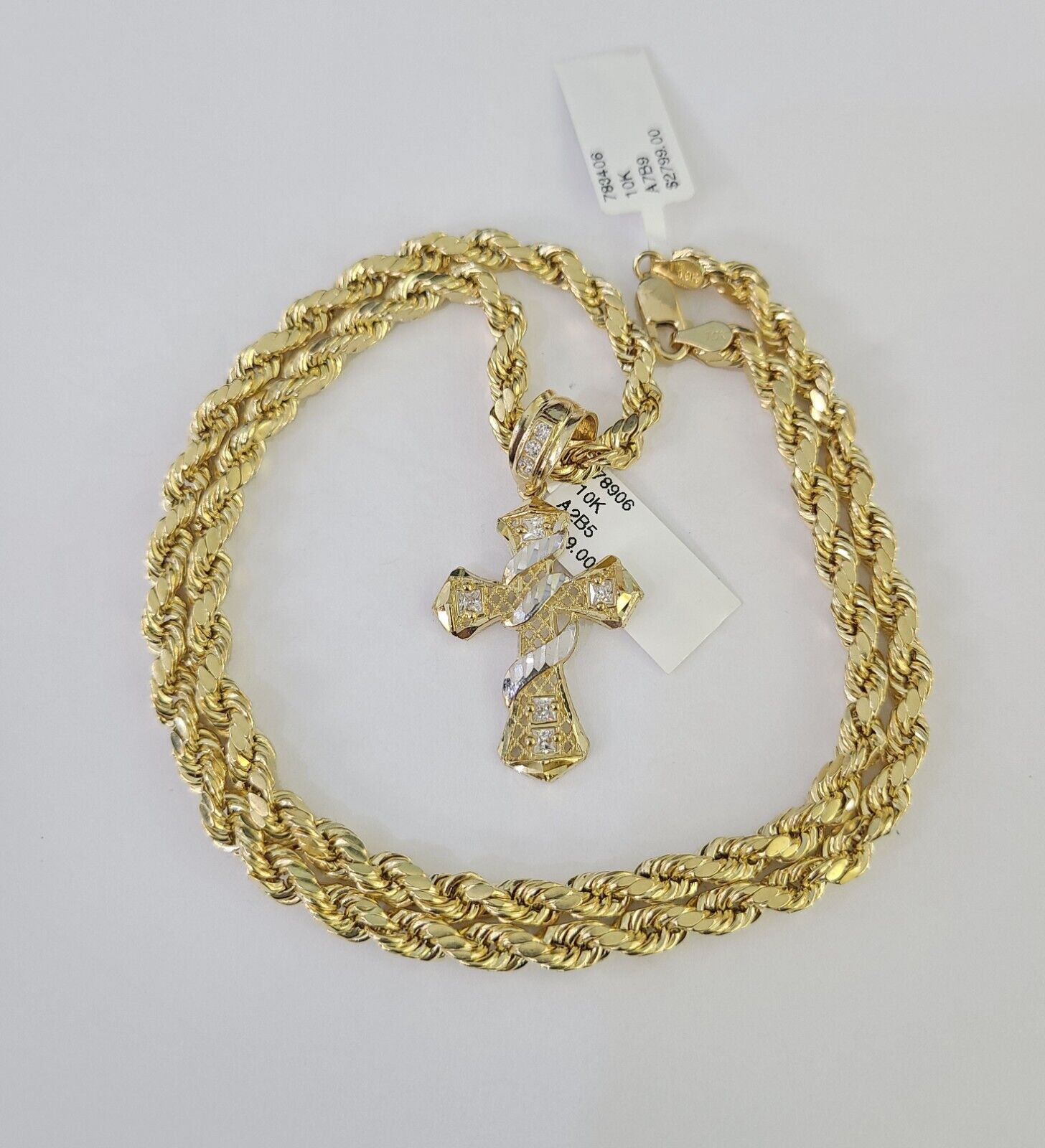 Real 10k Rope Chain Jesus Cross Charm Necklace Pendant Set 5mm 20" - 30" Inch Gold - GoldenlinQ