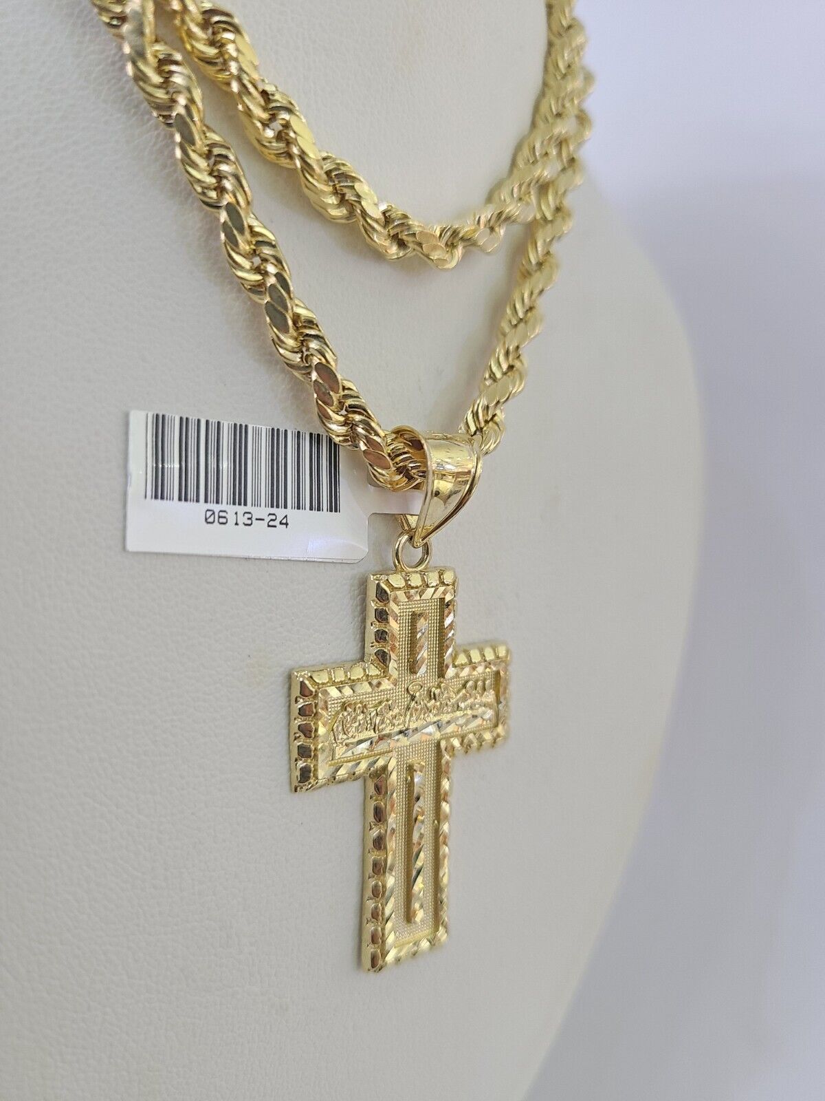 Real 10k Rope Chain Jesus Cross Charm Necklace Pendant Set 5mm 20" - 30" Inch Gold - GoldenlinQ