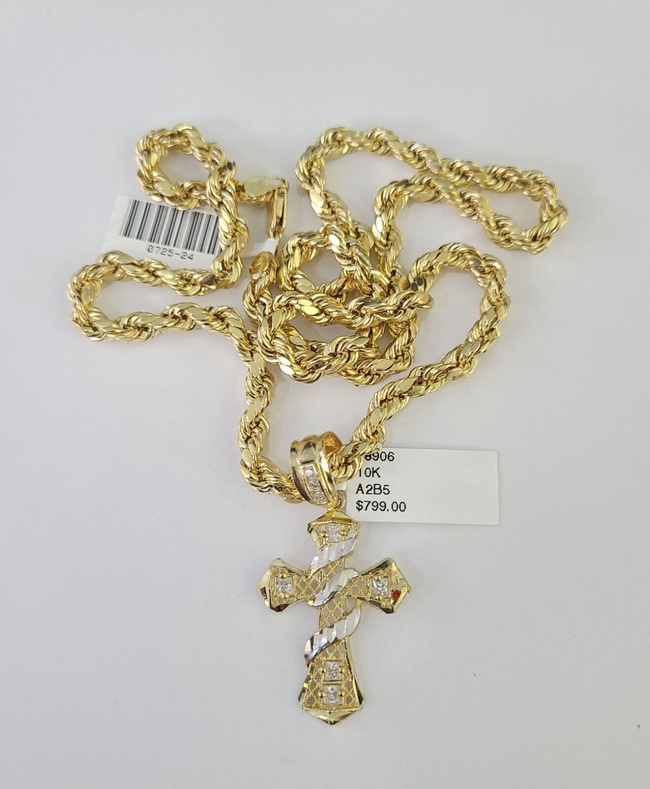 Real 10k Rope Chain Jesus Cross Charm Necklace Pendant Set 5mm 20" - 30" Inch Gold - GoldenlinQ
