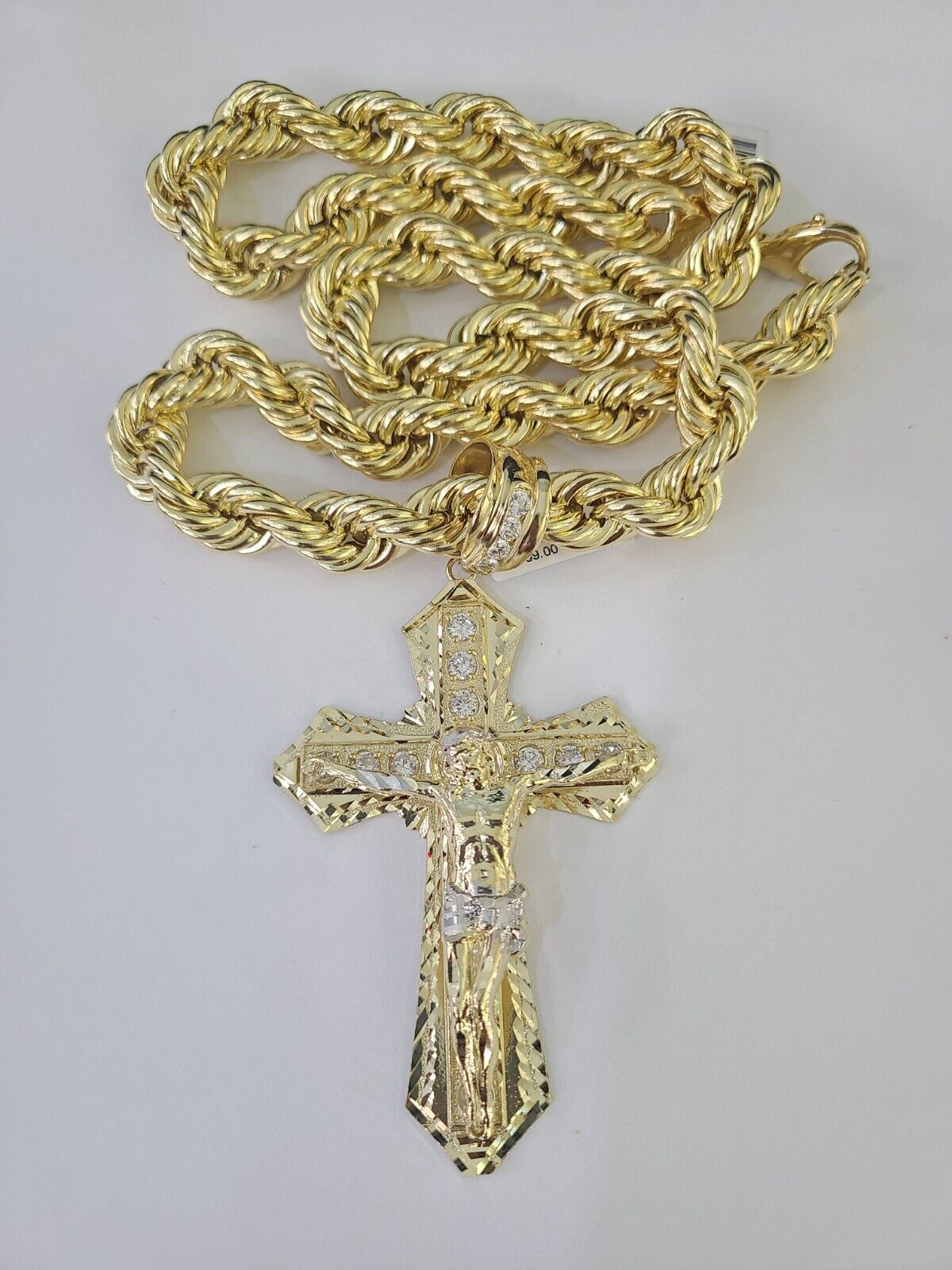 Real 10k Rope Chain Jesus Cross Charm Set 12mm 20" - 30" Inch Necklace Yellow Gold - GoldenlinQ