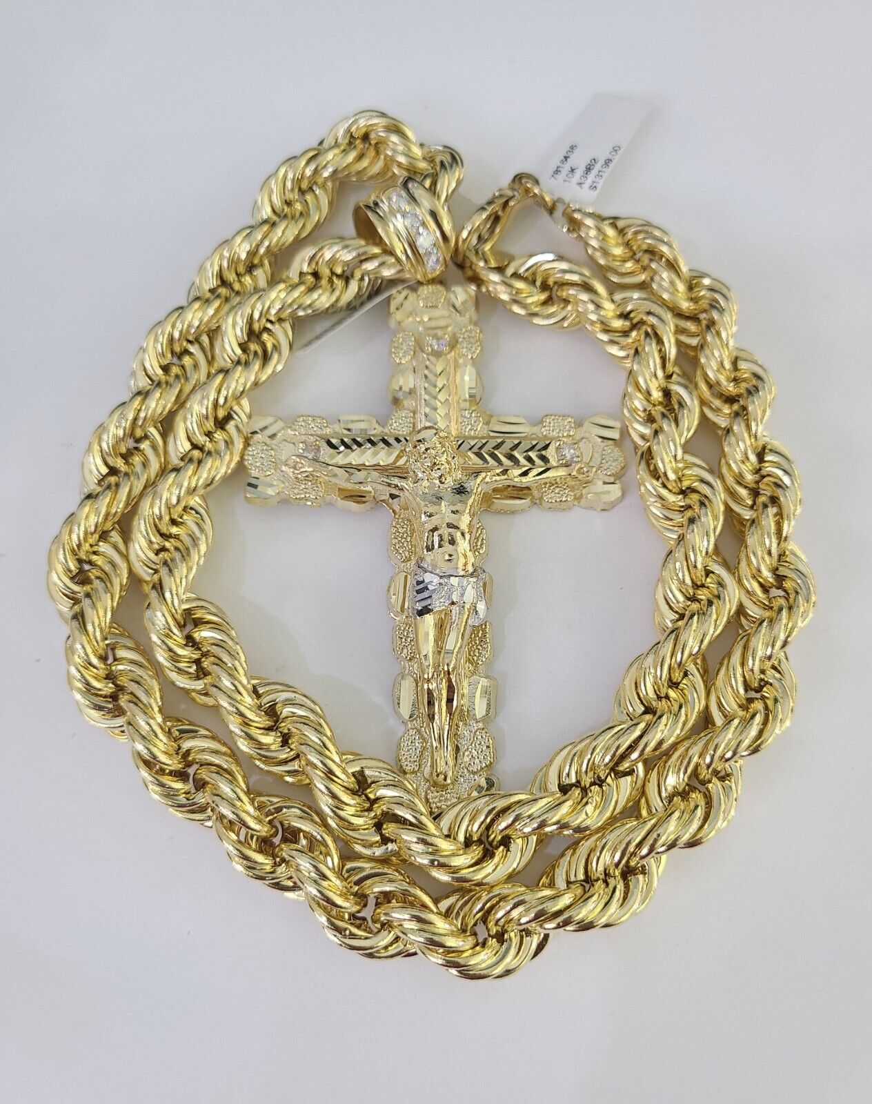Real 10k Rope Chain Jesus Cross Charm Set 12mm 20" - 30" Inch Necklace Yellow Gold - GoldenlinQ