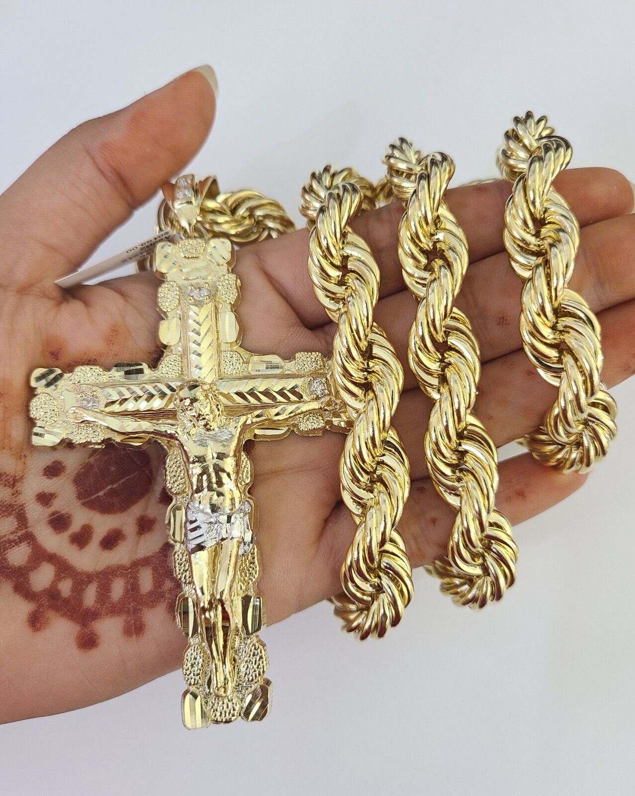 Real 10k Rope Chain Jesus Cross Charm Set 12mm 20" - 30" Inch Necklace Yellow Gold - GoldenlinQ