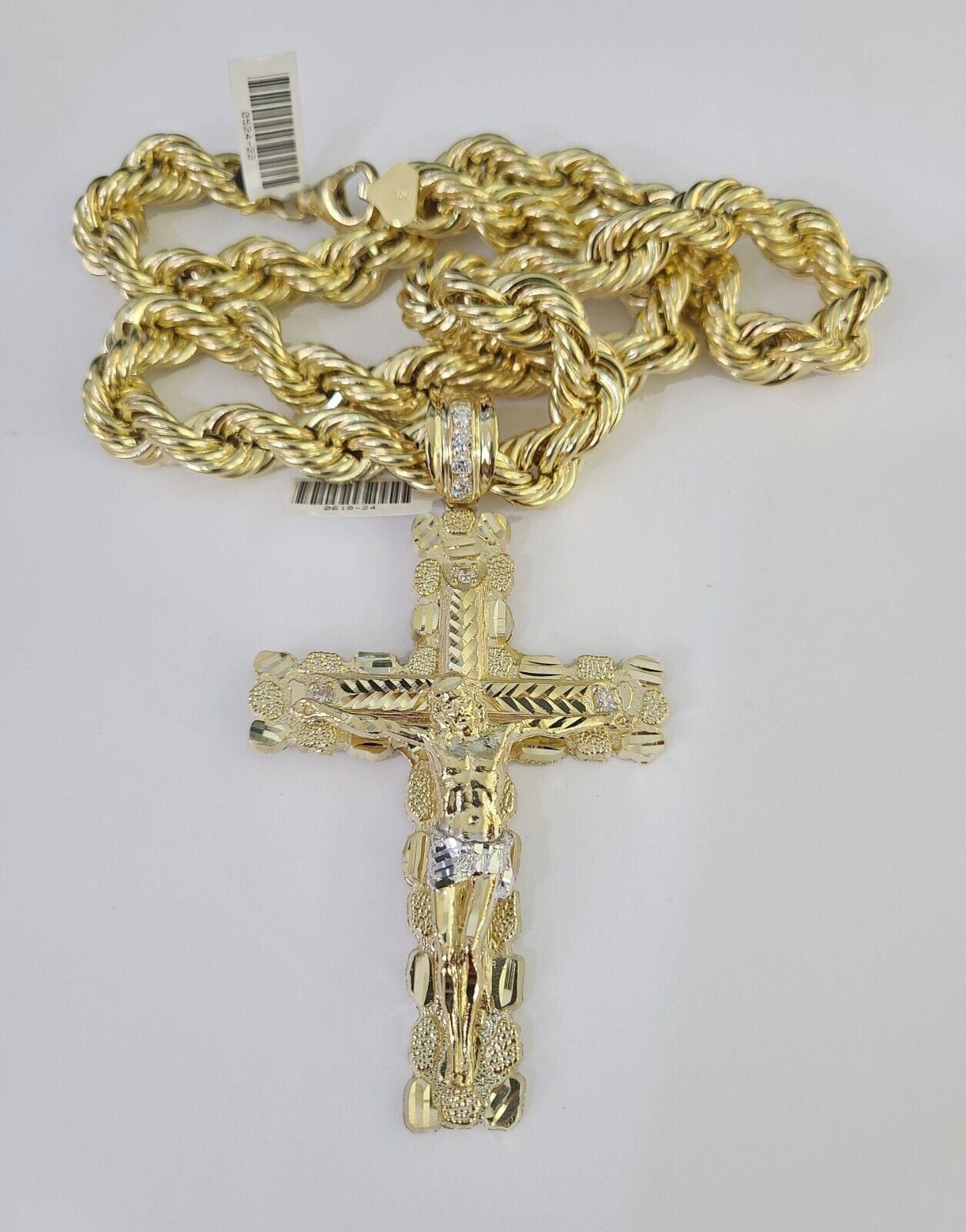 Real 10k Rope Chain Jesus Cross Charm Set 12mm 20" - 30" Inch Necklace Yellow Gold - GoldenlinQ