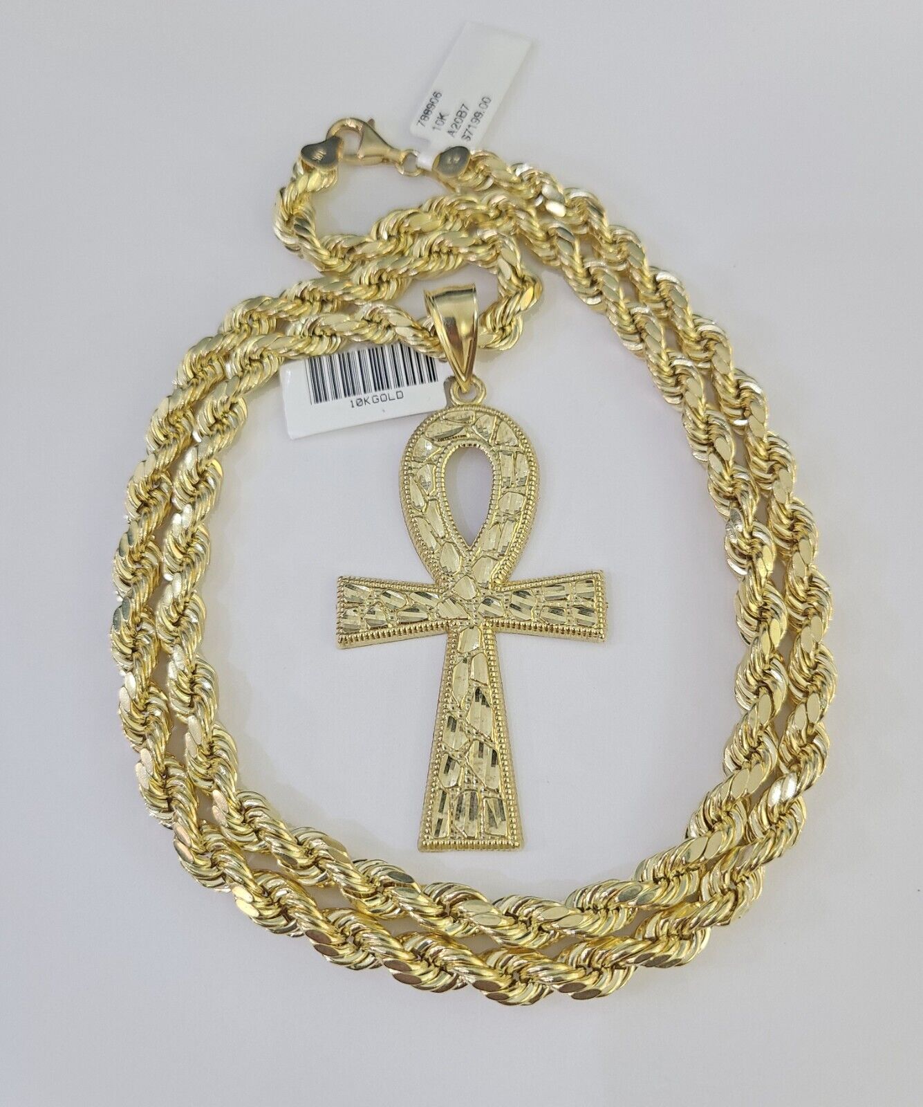 Real 10k Rope Chain Jesus Cross Charm Set 7mm 20" - 28" Inch Necklace Yellow Gold - GoldenlinQ