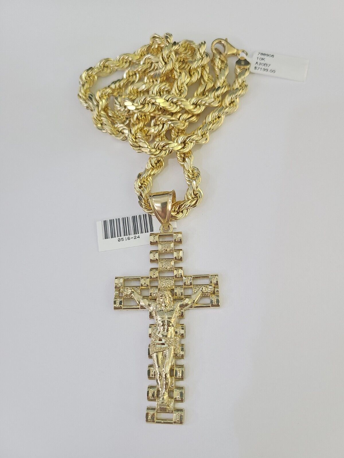 Real 10k Rope Chain Jesus Cross Charm Set 7mm 20" - 28" Inch Necklace Yellow Gold - GoldenlinQ