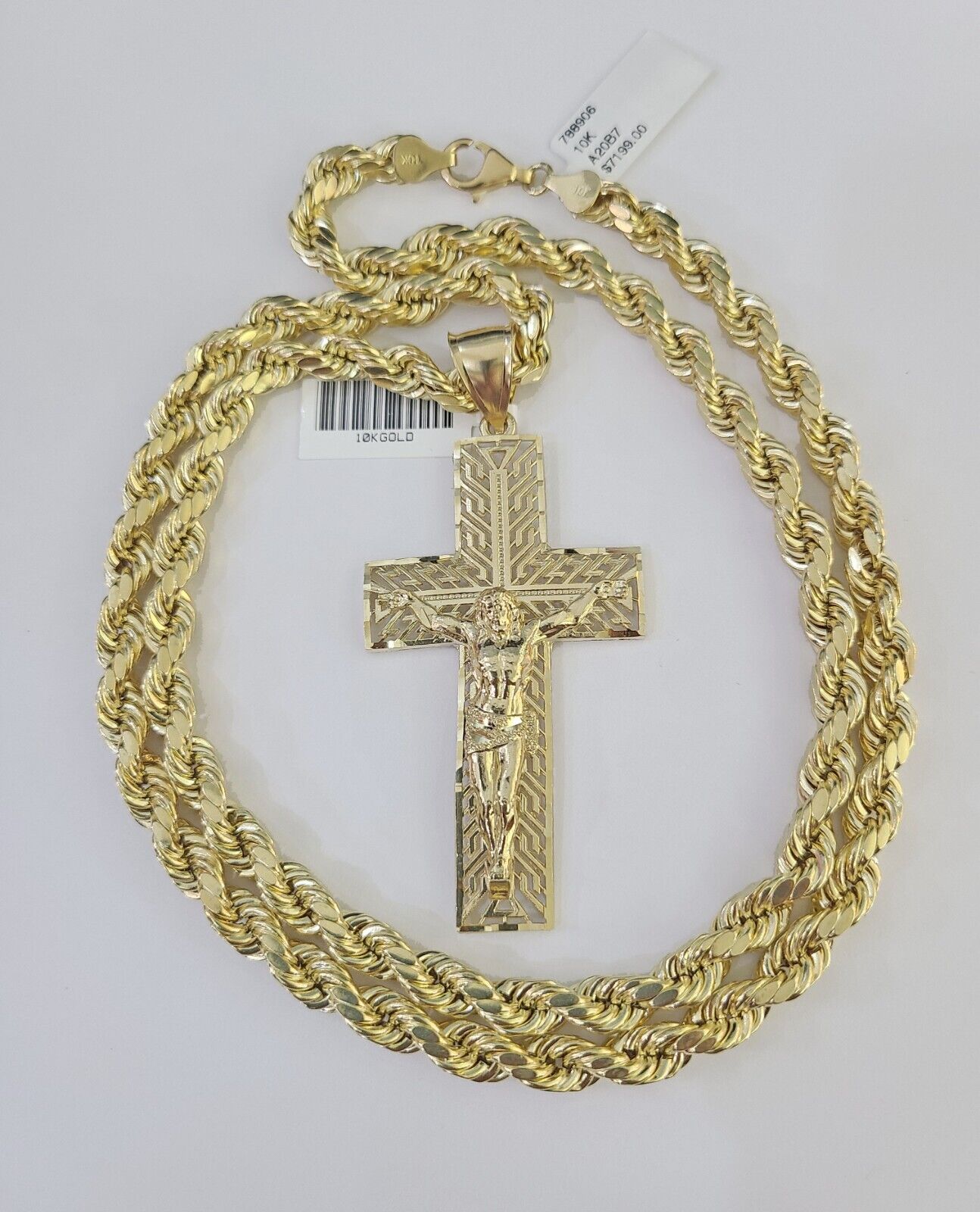 Real 10k Rope Chain Jesus Cross Charm Set 7mm 20" - 28" Inch Necklace Yellow Gold - GoldenlinQ