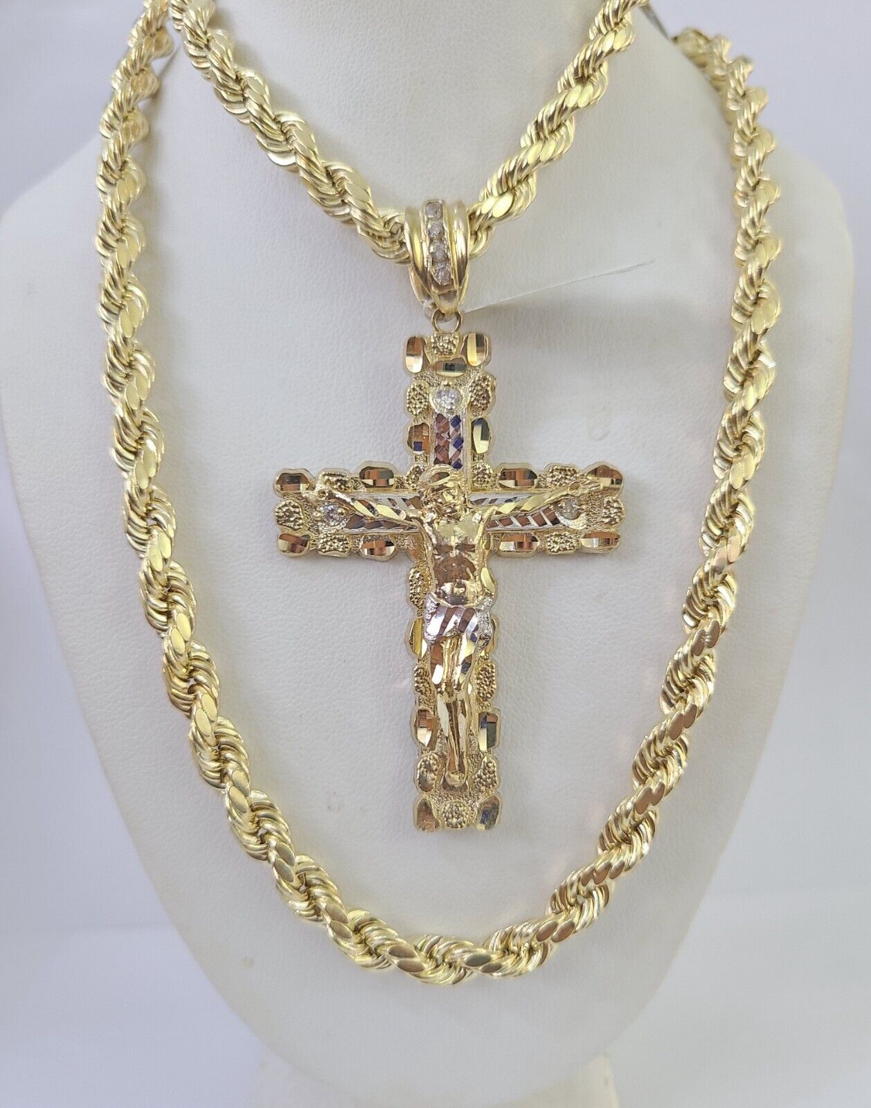 Real 10k Rope Chain Jesus Cross Charm Set 7mm 20" - 28" Inch Necklace Yellow Gold - GoldenlinQ