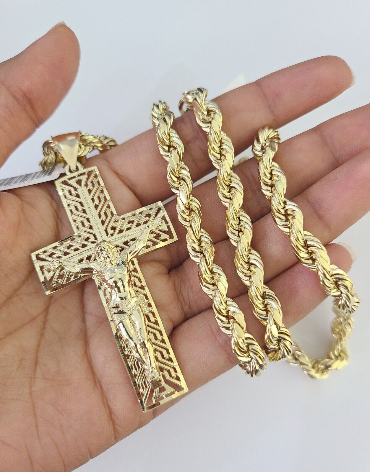 Real 10k Rope Chain Jesus Cross Charm Set 7mm 20" - 28" Inch Necklace Yellow Gold - GoldenlinQ