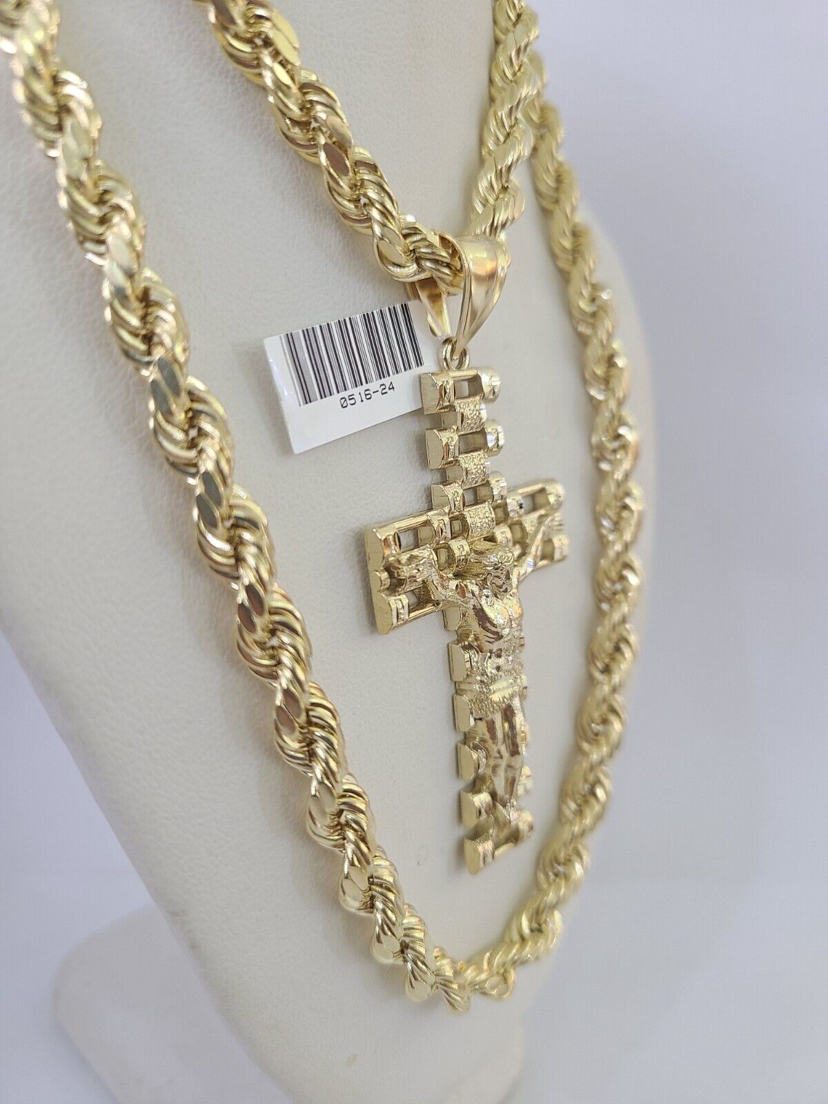 Real 10k Rope Chain Jesus Cross Charm Set 7mm 20" - 28" Inch Necklace Yellow Gold - GoldenlinQ