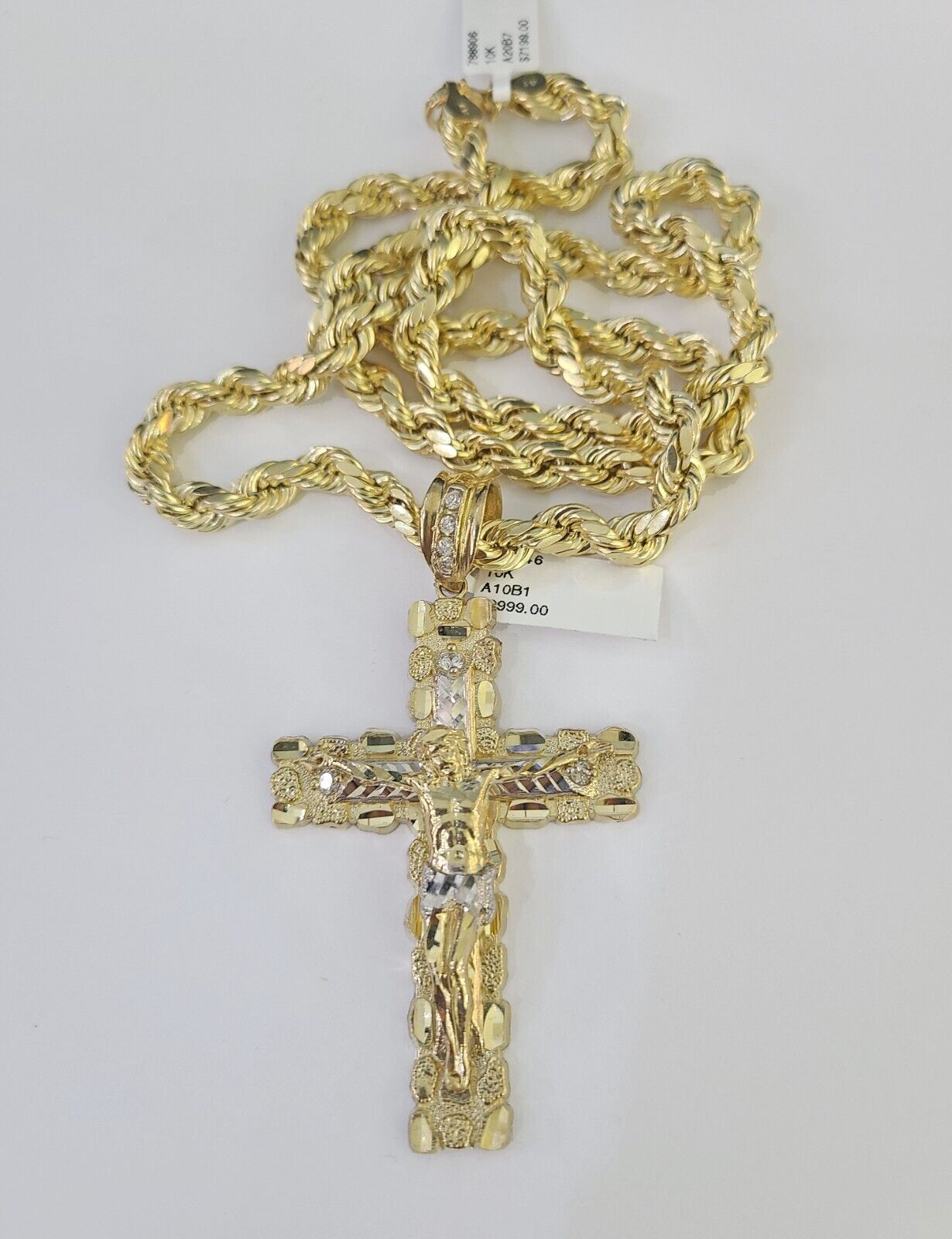 Real 10k Rope Chain Jesus Cross Charm Set 7mm 20" - 28" Inch Necklace Yellow Gold - GoldenlinQ