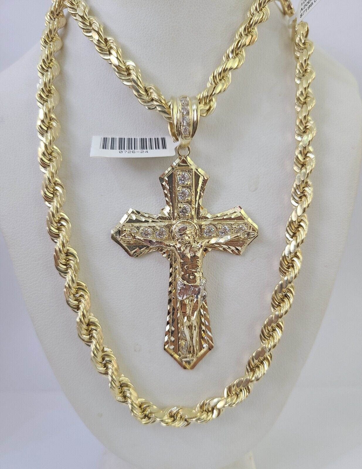 Real 10k Rope Chain Jesus Cross Charm Set 7mm 20" - 28" Inch Necklace Yellow Gold - GoldenlinQ