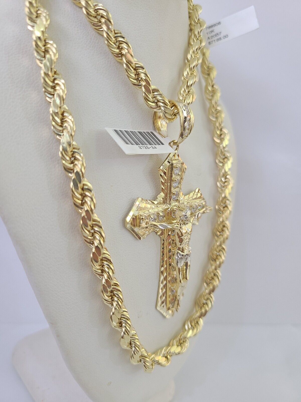 Real 10k Rope Chain Jesus Cross Charm Set 7mm 20" - 28" Inch Necklace Yellow Gold - GoldenlinQ