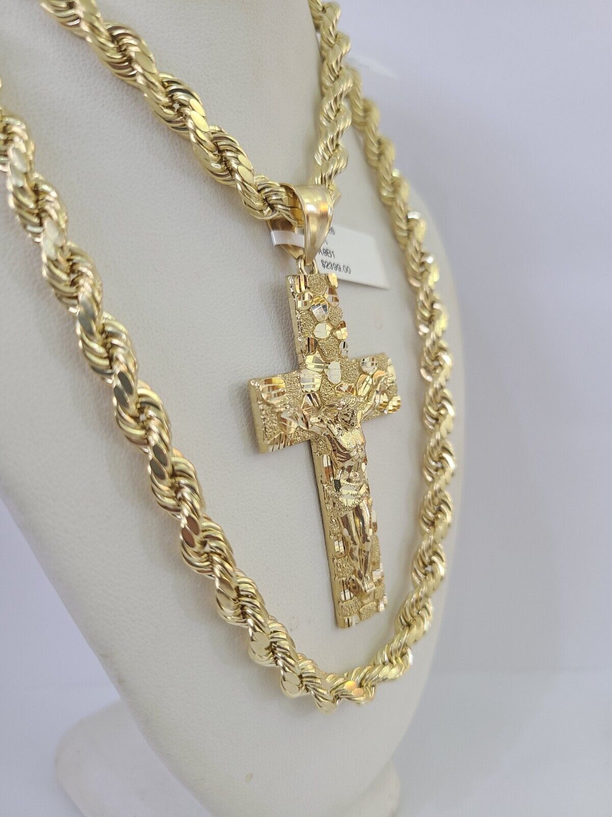 Real 10k Rope Chain Jesus Cross Charm Set 7mm 20" - 28" Inch Necklace Yellow Gold - GoldenlinQ