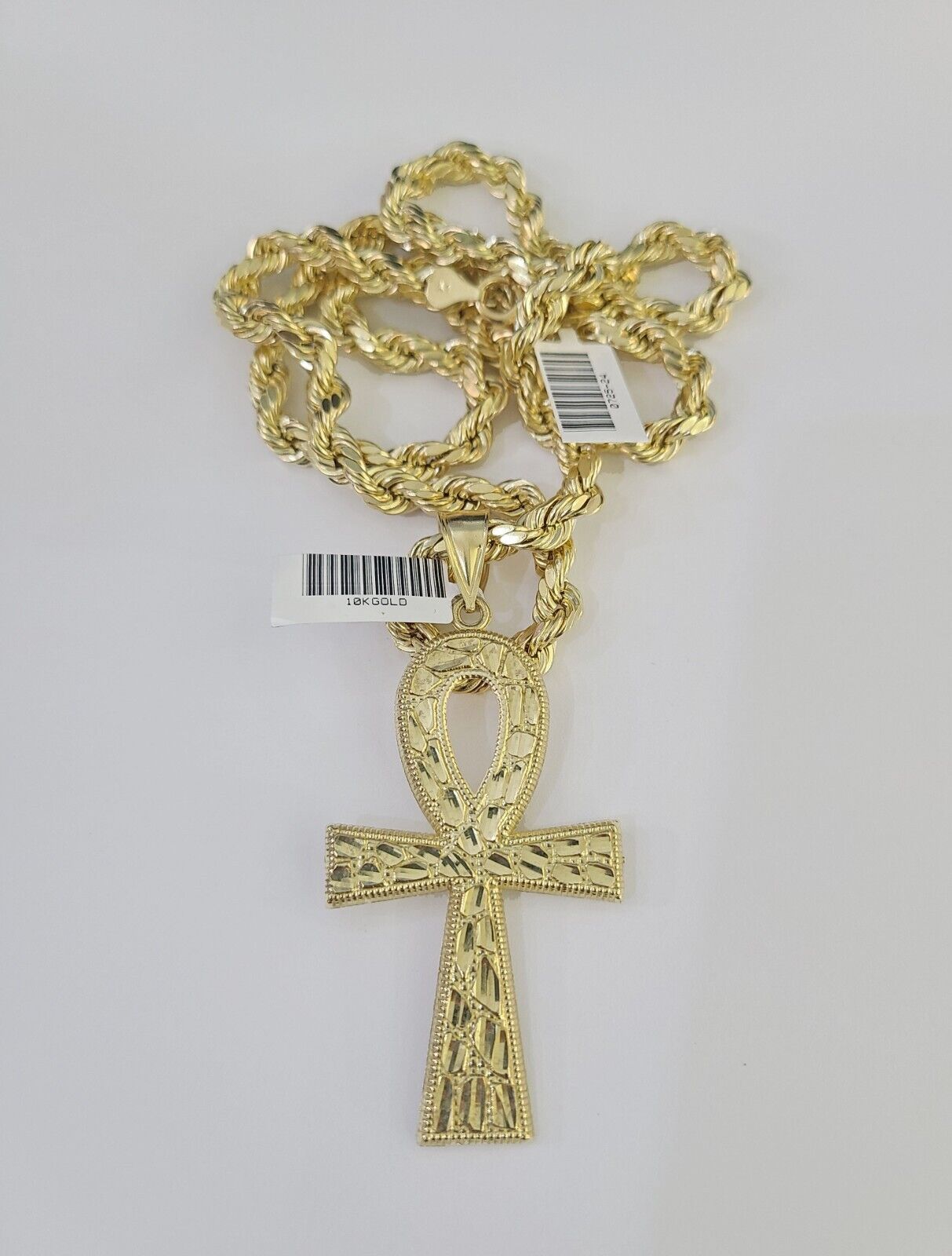 Real 10k Rope Chain Jesus Cross Charm Set 7mm 20" - 28" Inch Necklace Yellow Gold - GoldenlinQ