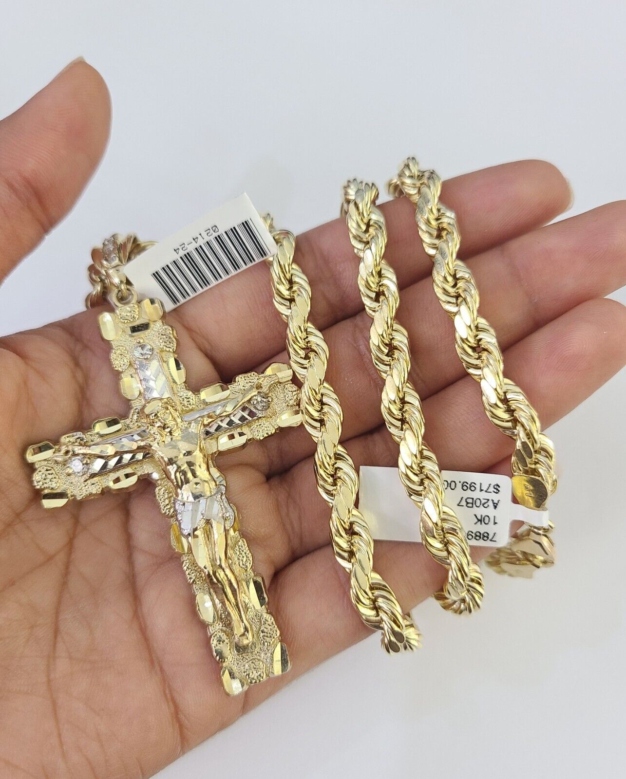 Real 10k Rope Chain Jesus Cross Charm Set 7mm 20" - 28" Inch Necklace Yellow Gold - GoldenlinQ