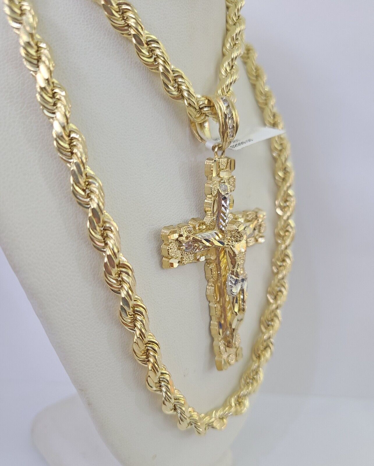 Real 10k Rope Chain Jesus Cross Charm Set 7mm 20" - 28" Inch Necklace Yellow Gold - GoldenlinQ