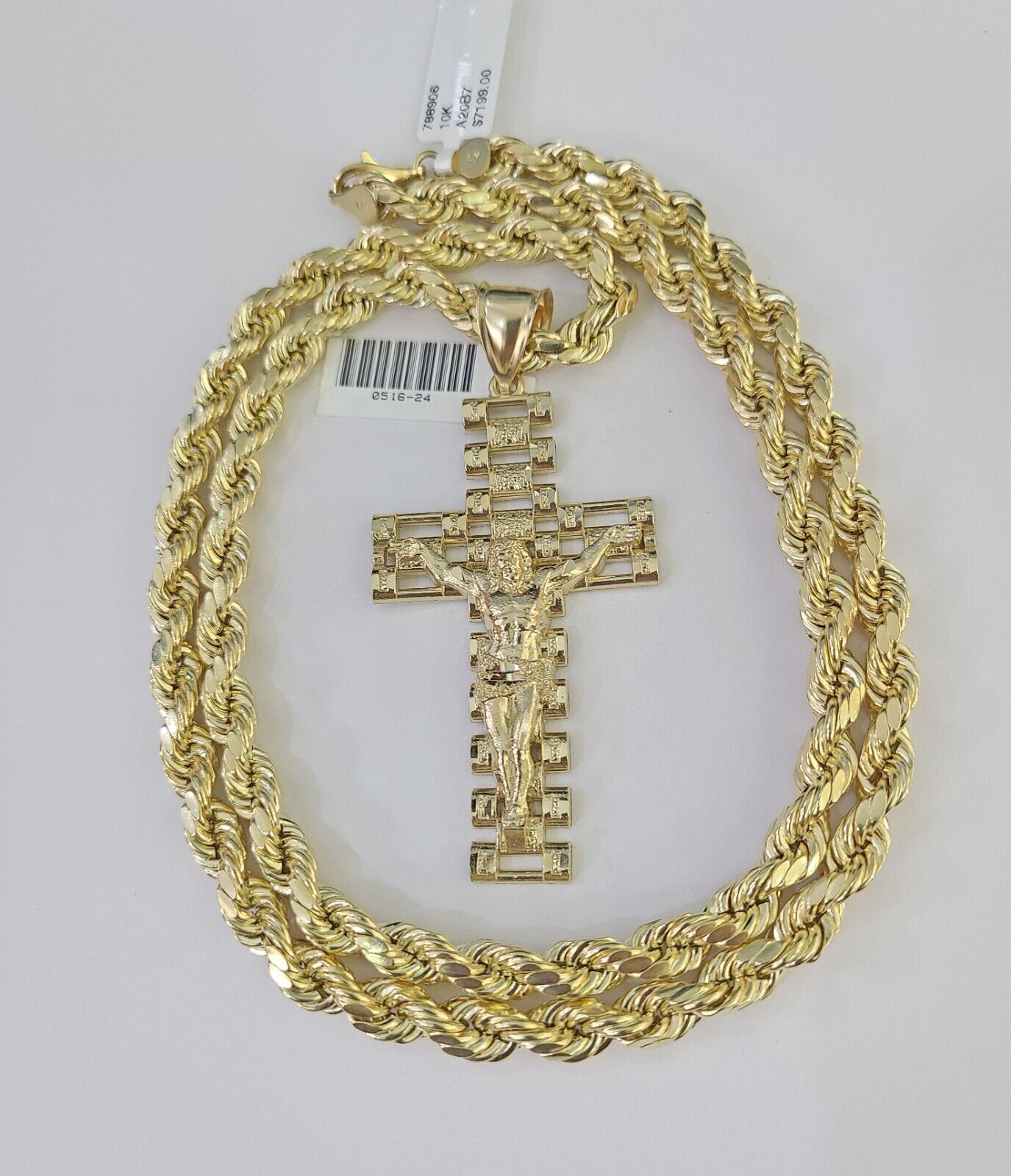 Real 10k Rope Chain Jesus Cross Charm Set 7mm 20" - 28" Inch Necklace Yellow Gold - GoldenlinQ
