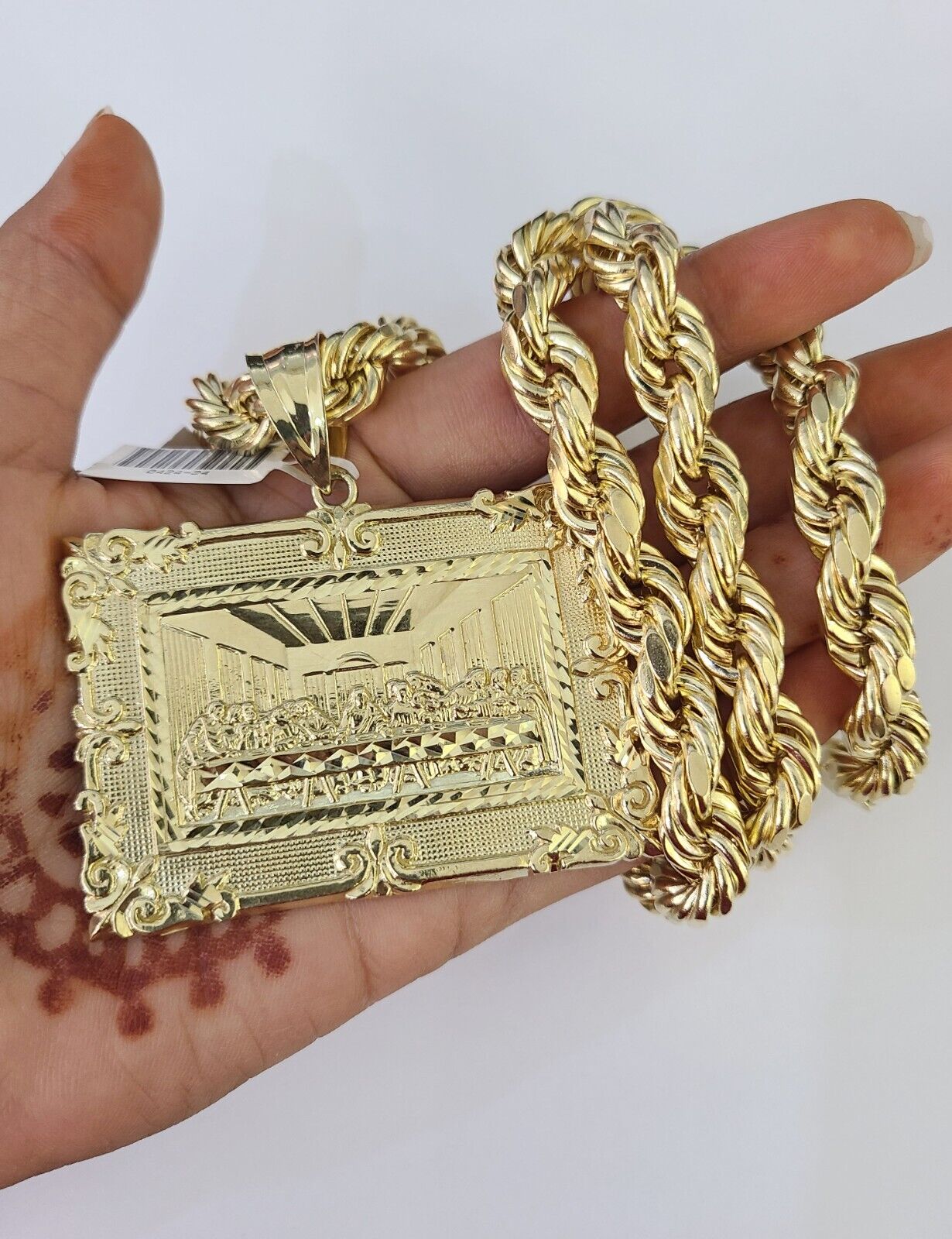 Real 10k Rope Chain Last Supper Charm Set 10mm 20" - 30" Inch Necklace Yellow Gold - GoldenlinQ