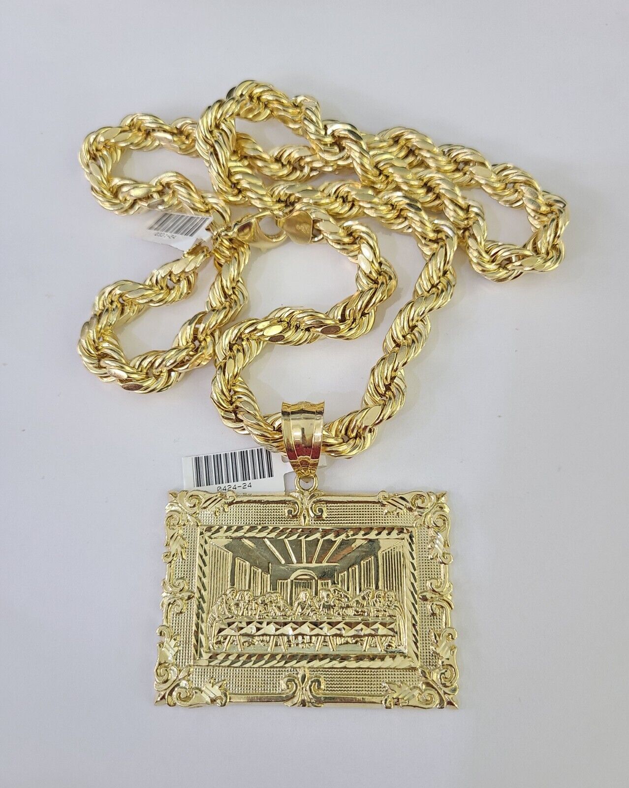 Real 10k Rope Chain Last Supper Charm Set 10mm 20" - 30" Inch Necklace Yellow Gold - GoldenlinQ