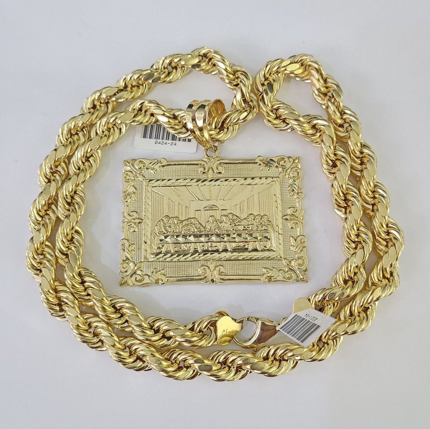 Real 10k Rope Chain Last Supper Charm Set 10mm 20" - 30" Inch Necklace Yellow Gold - GoldenlinQ