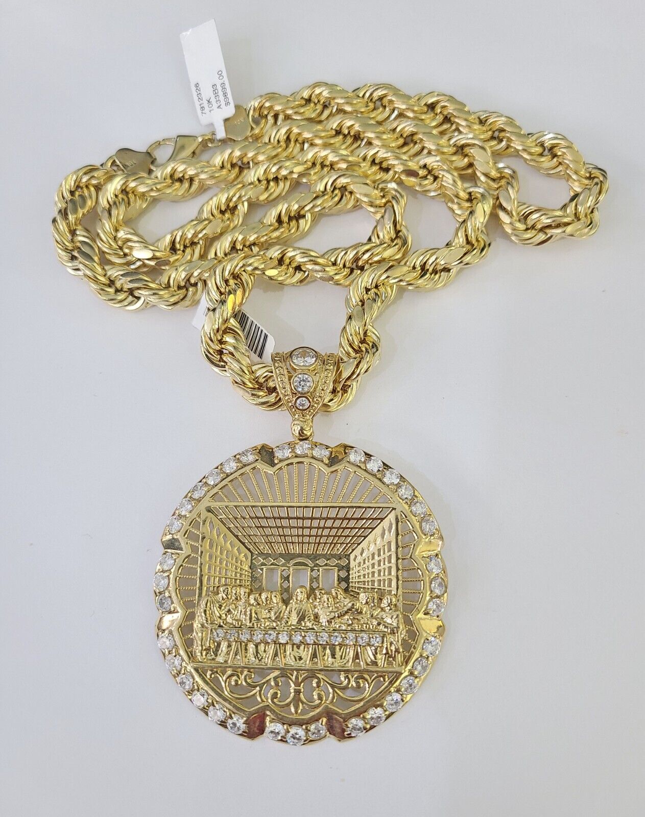 Real 10k Rope Chain Last Supper Charm Set 10mm 20" - 30" Inch Necklace Yellow Gold - GoldenlinQ