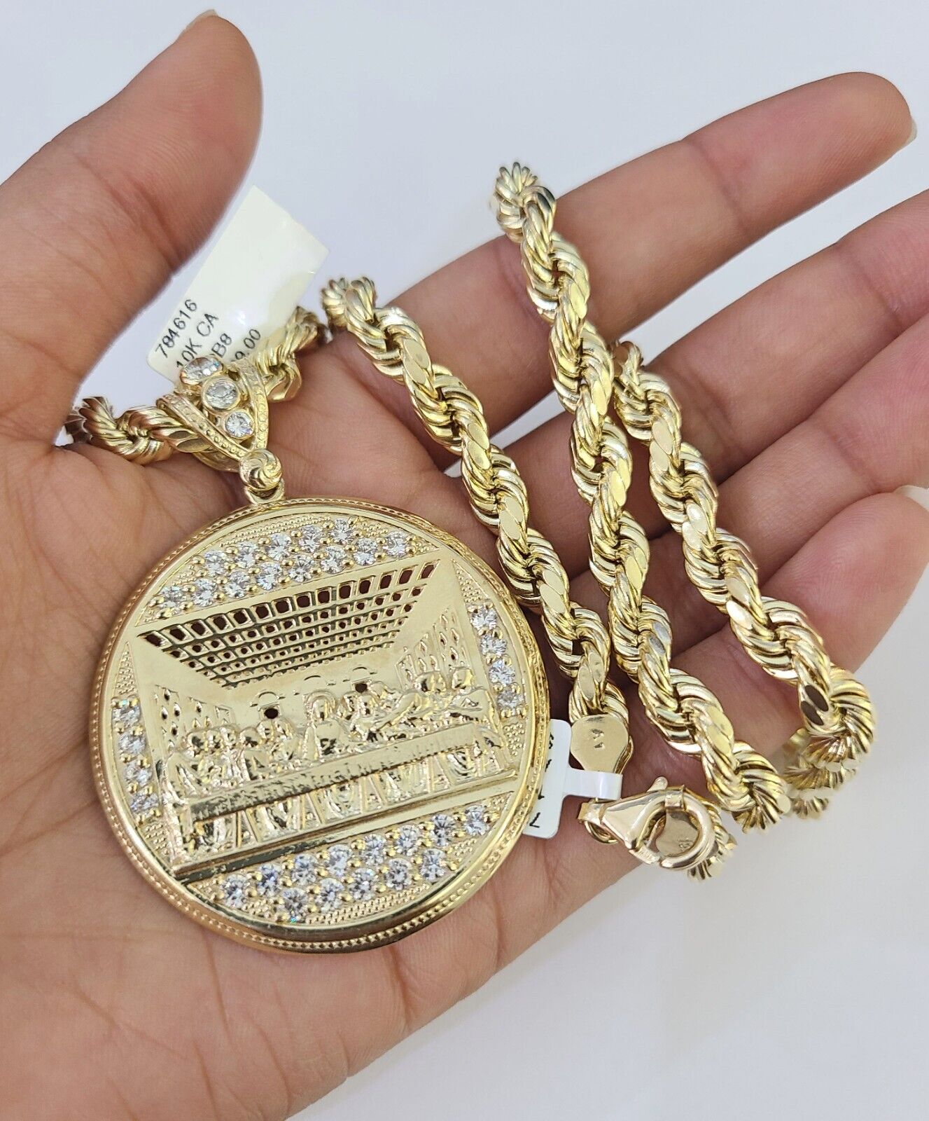 Real 10k Rope Chain Last Supper Charm Set 7mm 20" - 28" Inch Necklace Yellow Gold - GoldenlinQ