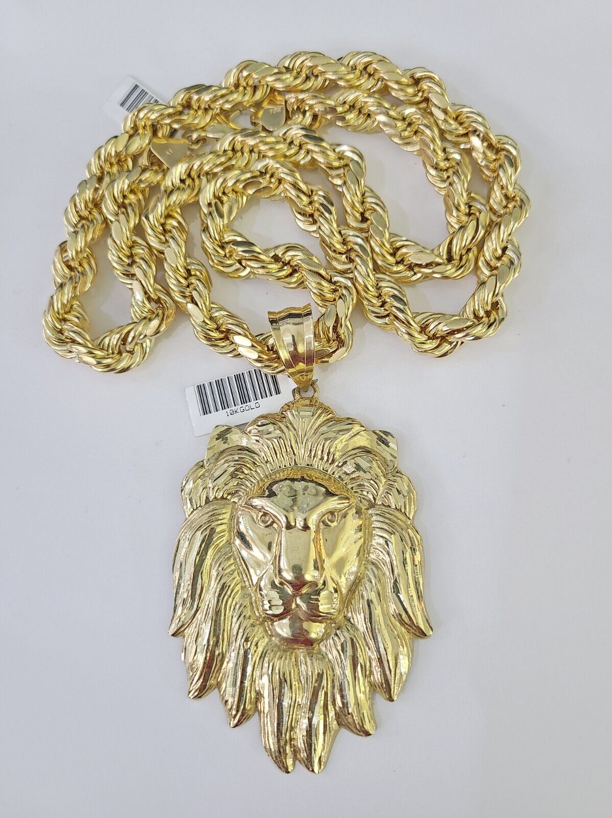 Real 10k Rope Chain Lion Charm Set 10mm 20" - 30" Inch Necklace Yellow Gold - GoldenlinQ