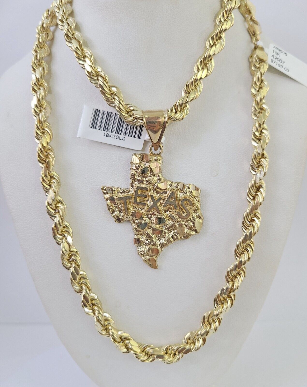 Real 10k Rope Chain Texas Map Charm Set 7mm 20" - 28" Inch Necklace Gold - GoldenlinQ