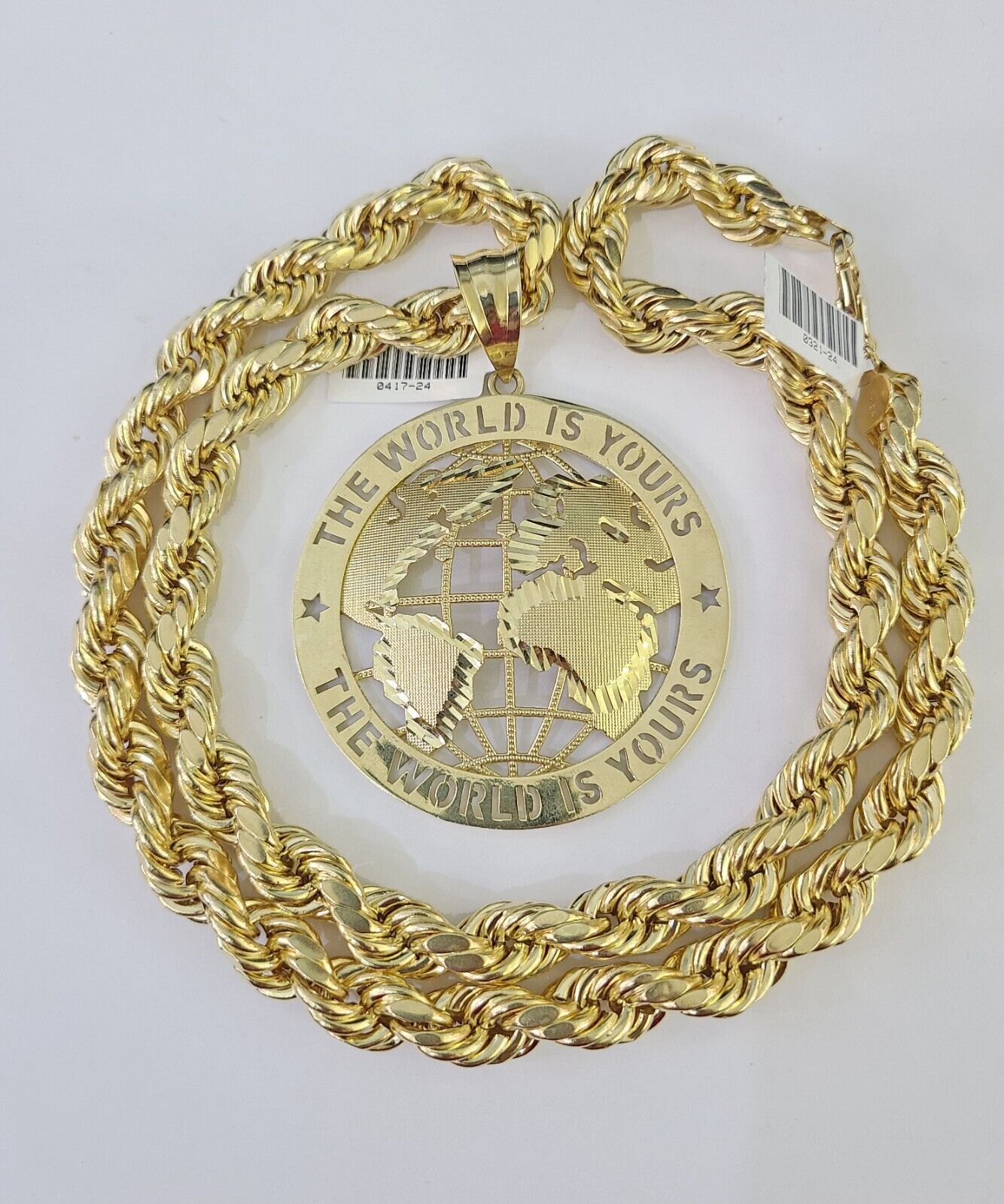 Real 10k Rope Chain World is Yours Charm Set 10mm 20" - 30" Inch Necklace Gold - GoldenlinQ