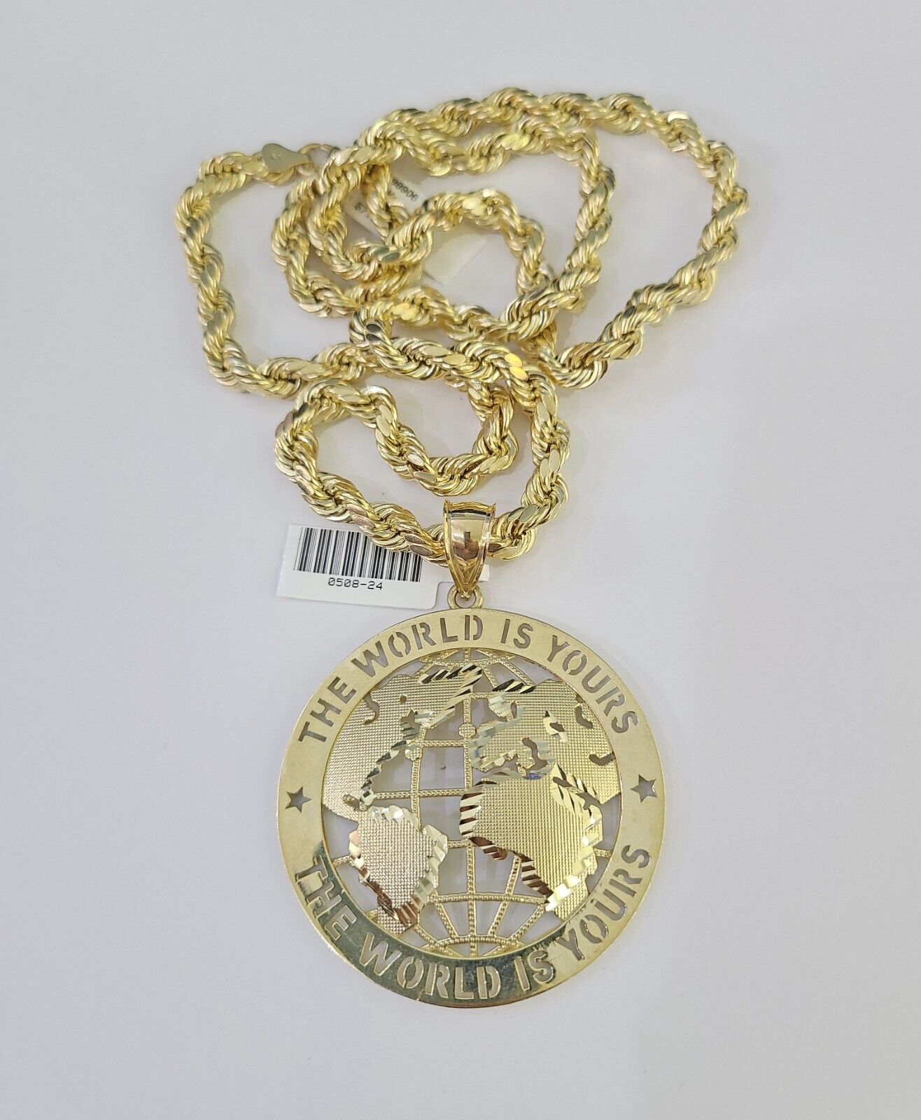 Real 10k Rope Chain World is Yours Charm Set 7mm 20" - 28" Inch Necklace Gold - GoldenlinQ