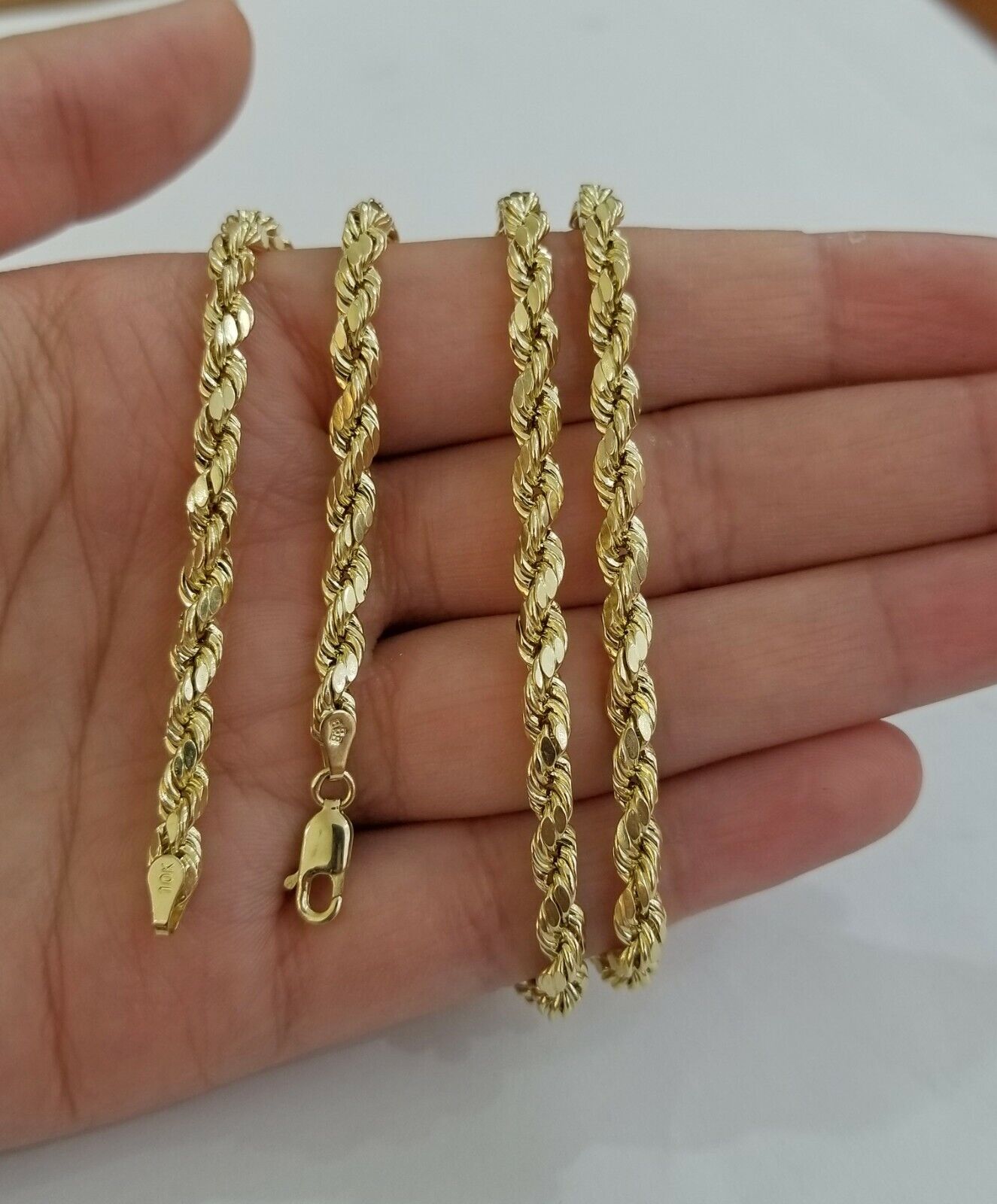 REAL 10k SOLID Gold Rope Chain 4mm 24" Yellow Gold Necklace Diamond Cuts Unisex - GoldenlinQ