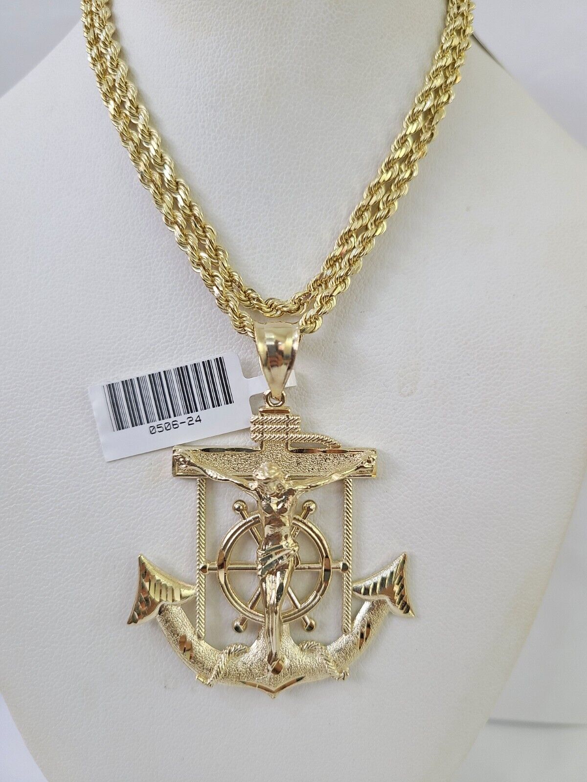 Real 10k Solid Rope Chain Jesus Anchor Charm Set 3mm 20" - 30" Inch Necklace Gold - GoldenlinQ