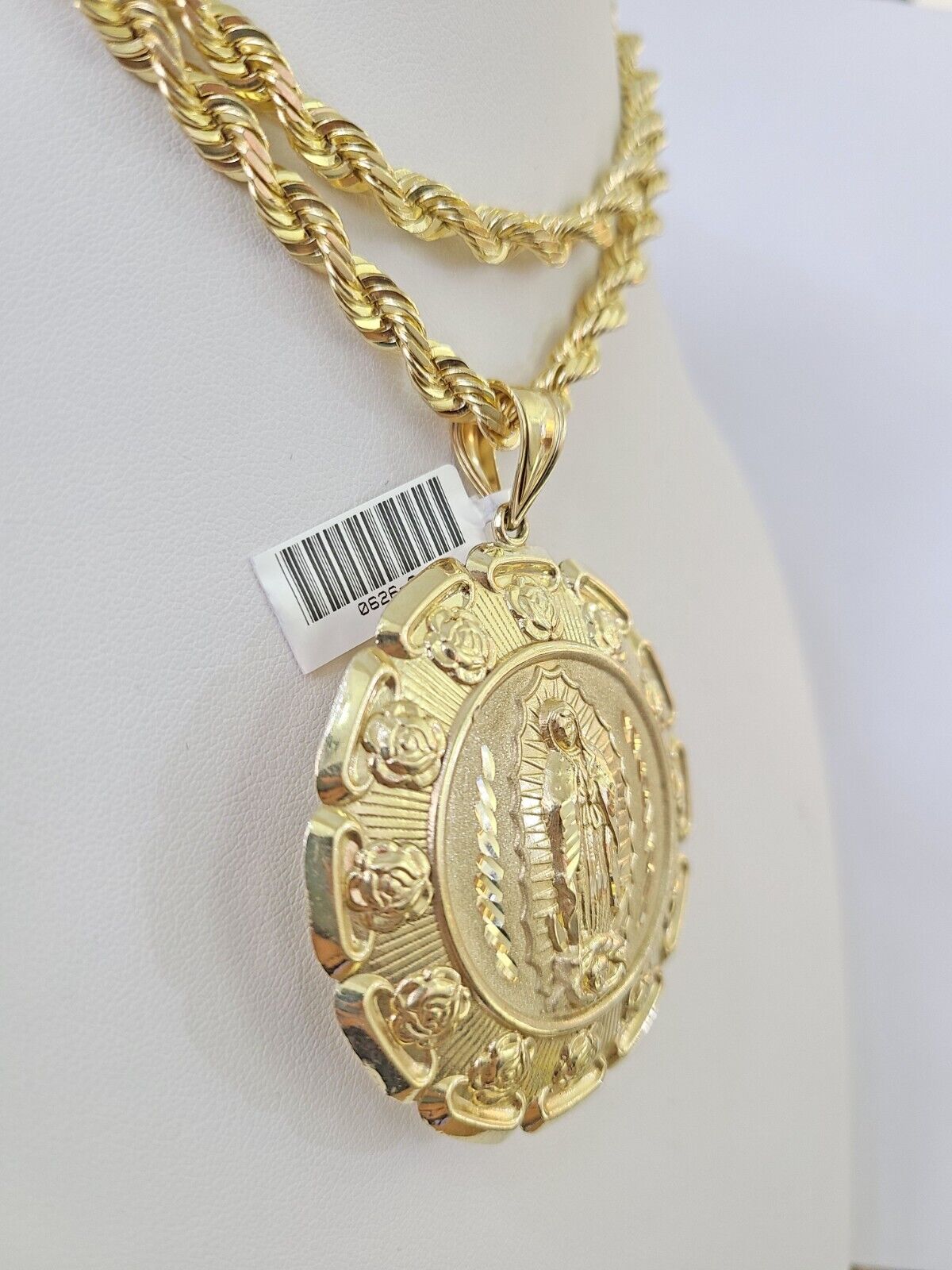 Real 10k Solid Rope Chain Jesus Virgin Mary Charm Set 6mm 20" - 30" Inch Necklace - GoldenlinQ