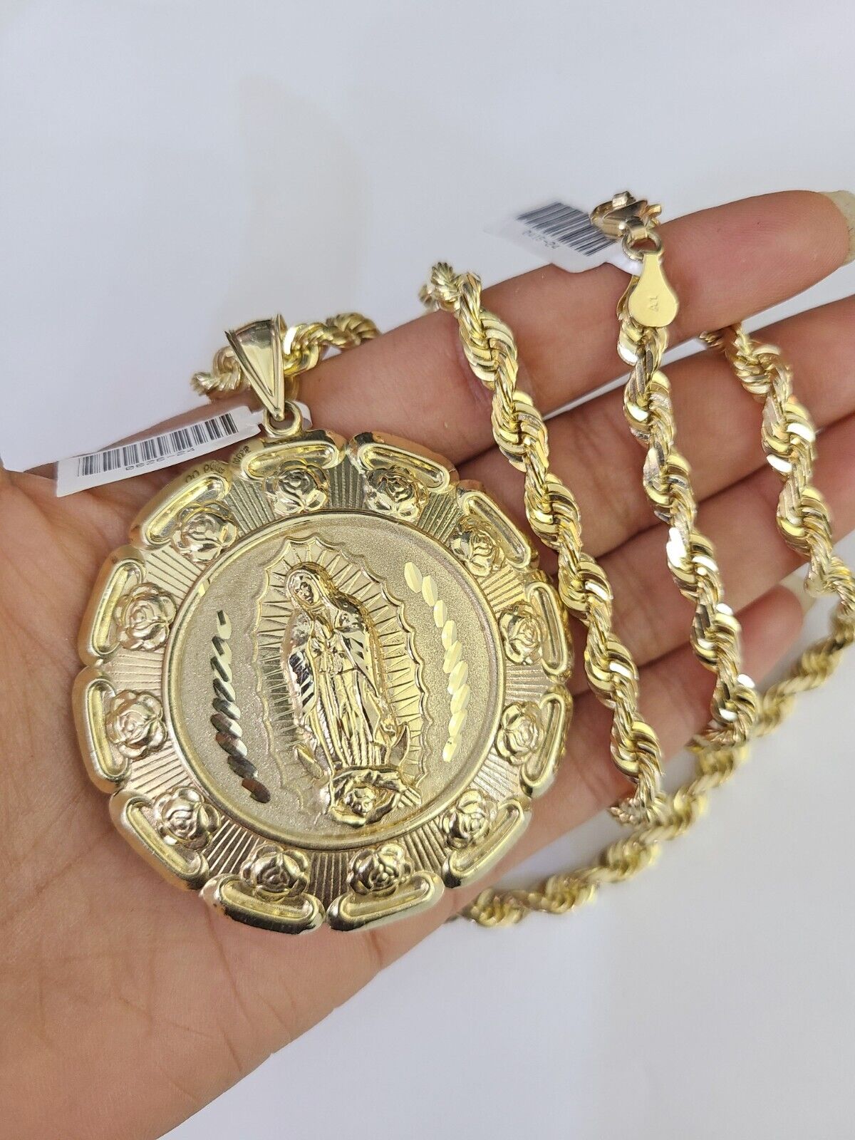 Real 10k Solid Rope Chain Jesus Virgin Mary Charm Set 6mm 20" - 30" Inch Necklace - GoldenlinQ