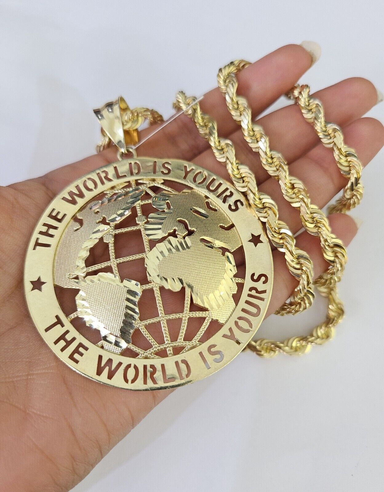 Real 10k Solid Rope Chain World is Yours Charm Set 6mm 20" - 30" Inch Necklace - GoldenlinQ