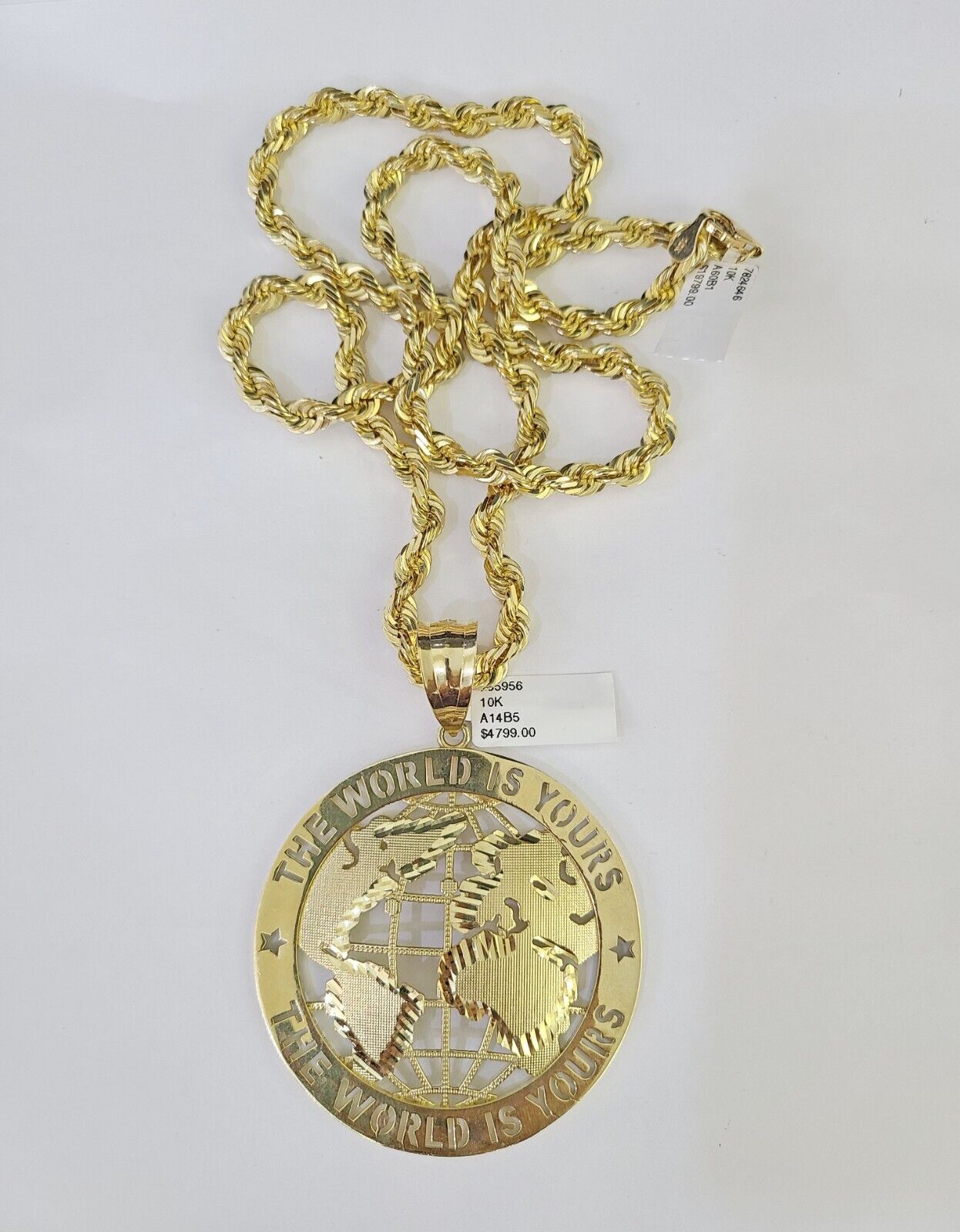 Real 10k Solid Rope Chain World is Yours Charm Set 6mm 20" - 30" Inch Necklace - GoldenlinQ