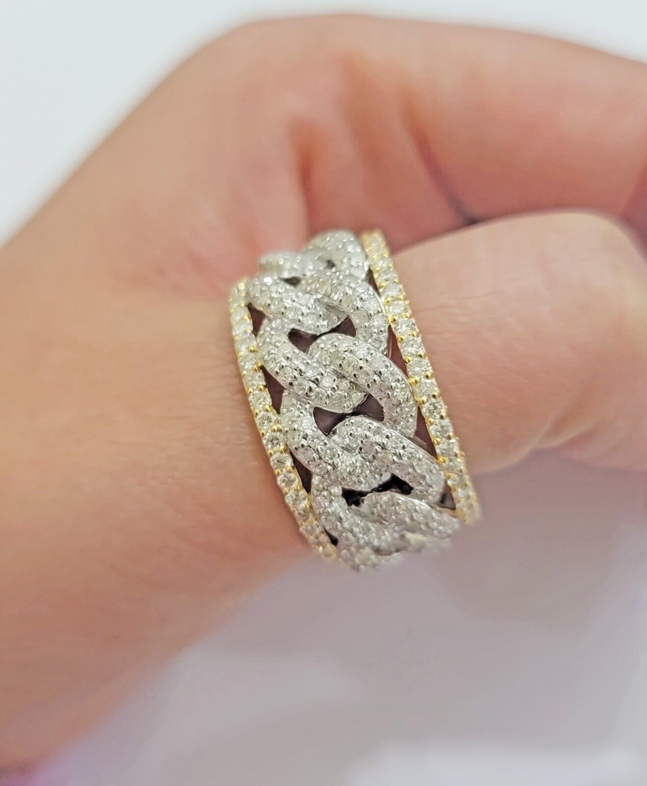 Real 10k Yellow Diamond Miami cuban Link Ring Mens Band 2.5 Ct Round Cut GENUINE - GoldenlinQ
