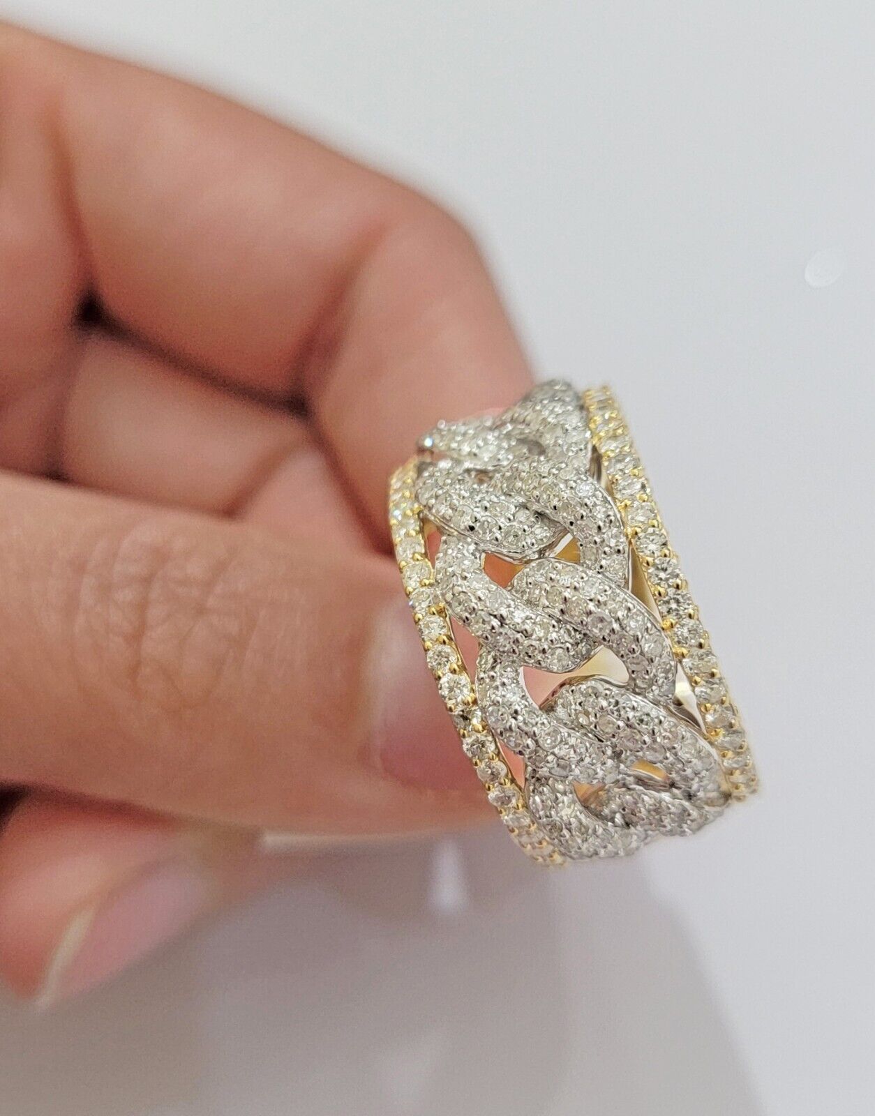 Real 10k Yellow Diamond Miami cuban Link Ring Mens Band 2.5 Ct Round Cut GENUINE - GoldenlinQ