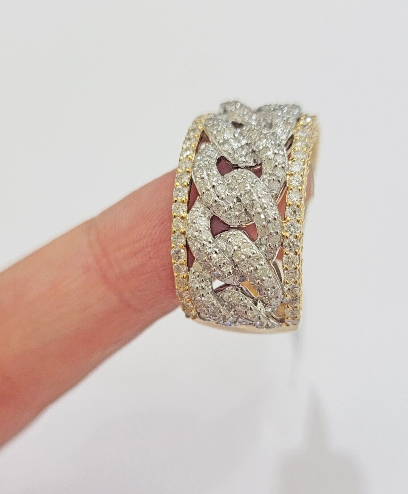 Real 10k Yellow Diamond Miami cuban Link Ring Mens Band 2.5 Ct Round Cut GENUINE - GoldenlinQ