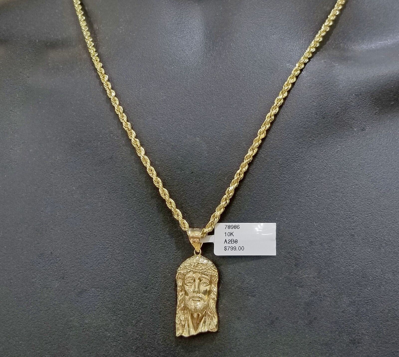 Real 10k Yellow Gold 3mm Rope Chain 18 - 28 inch Necklace And Jesus Head Pendant - GoldenlinQ
