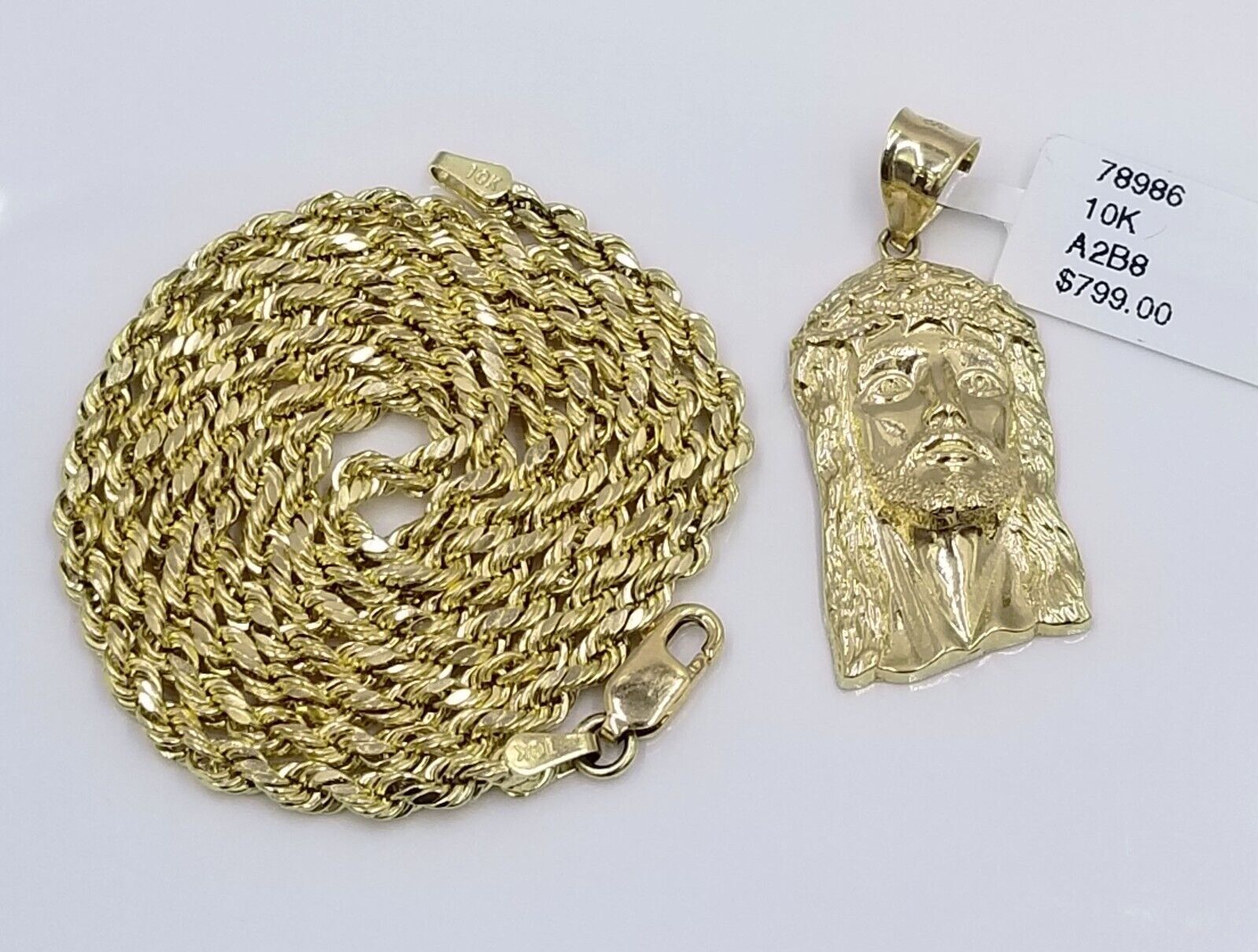 Real 10k Yellow Gold 3mm Rope Chain 18 - 28 inch Necklace And Jesus Head Pendant - GoldenlinQ