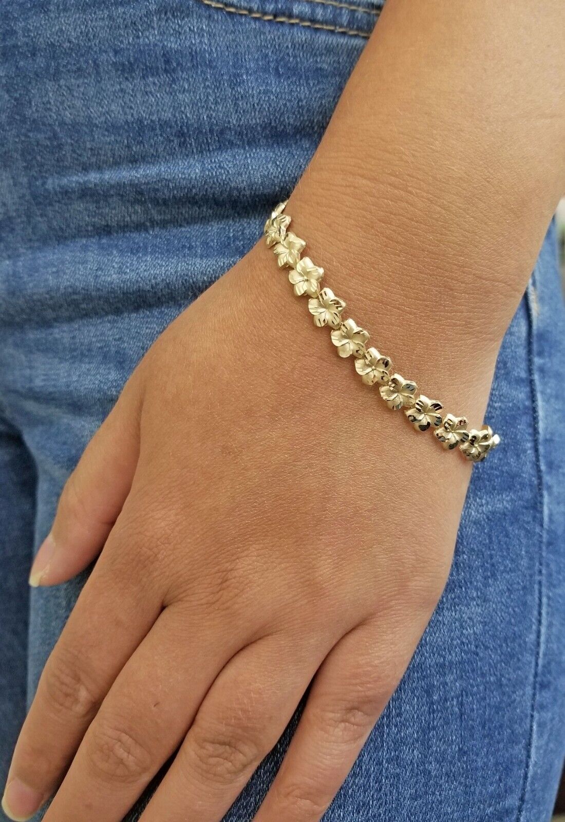 Real 10K Yellow Gold 8mm Flower Bracelet 7.5" inch 10kt Lobster lock - GoldenlinQ