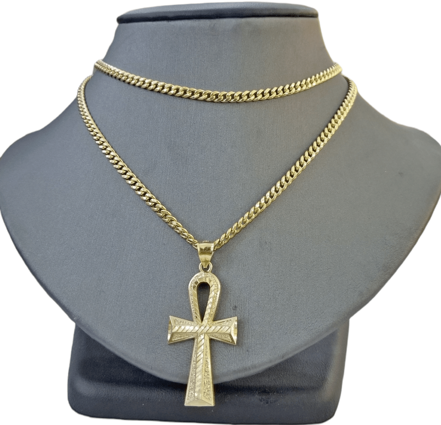 Real 10k Yellow Gold Ankh charm pendant 2.2 Inches Diamond Cuts Charm for Chains - GoldenlinQ