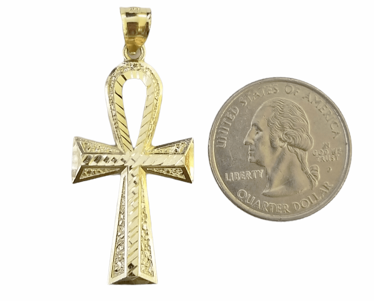 Real 10k Yellow Gold Ankh charm pendant 2.2 Inches Diamond Cuts Charm for Chains - GoldenlinQ