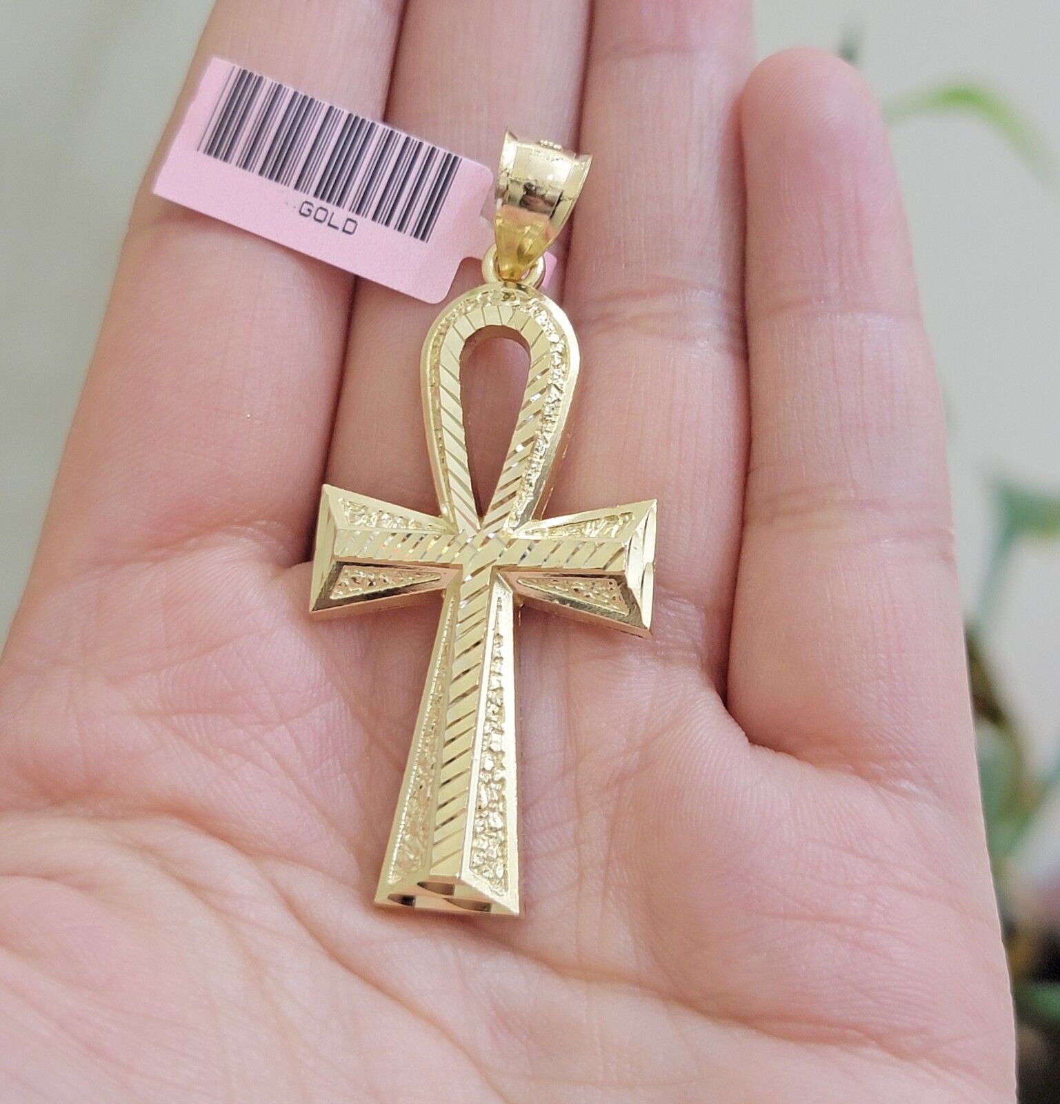 Real 10k Yellow Gold Ankh charm pendant 2.2 Inches Diamond Cuts Charm for Chains - GoldenlinQ