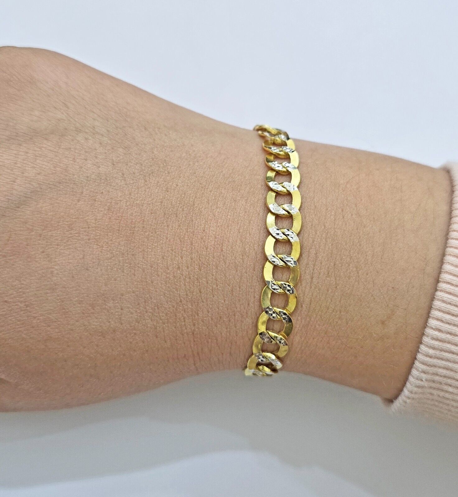 Real 10k Yellow Gold Bracelet Cuban Curb link 8mm 8.5" Two - tone Cuts SOLID 10k - GoldenlinQ