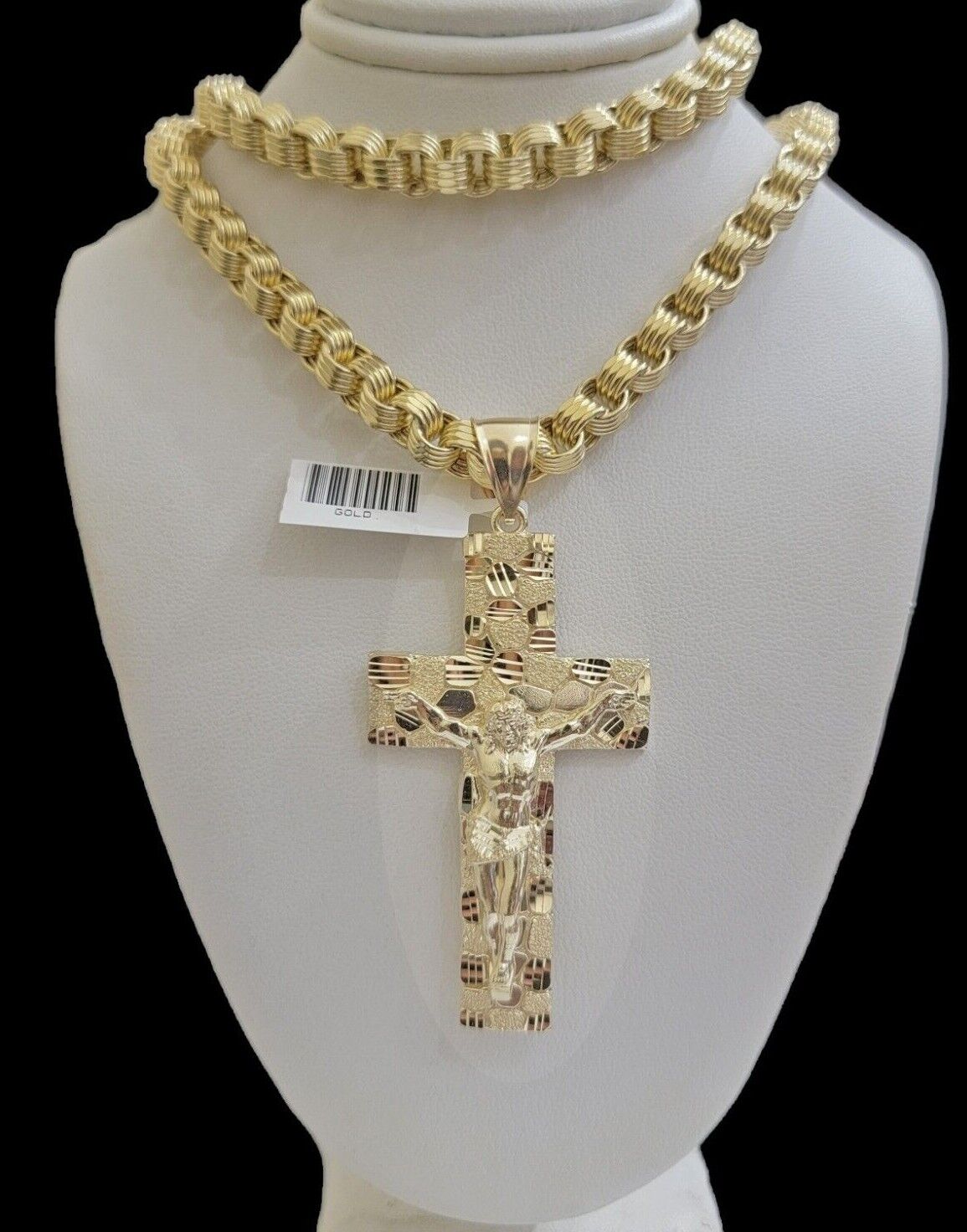 Real 10k Yellow Gold Byzantine Chain Nugget Cross Charm Pendant Necklace SETS - GoldenlinQ