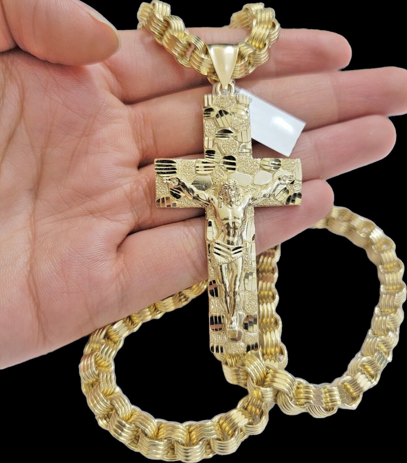 Real 10k Yellow Gold Byzantine Chain Nugget Cross Charm Pendant Necklace SETS - GoldenlinQ